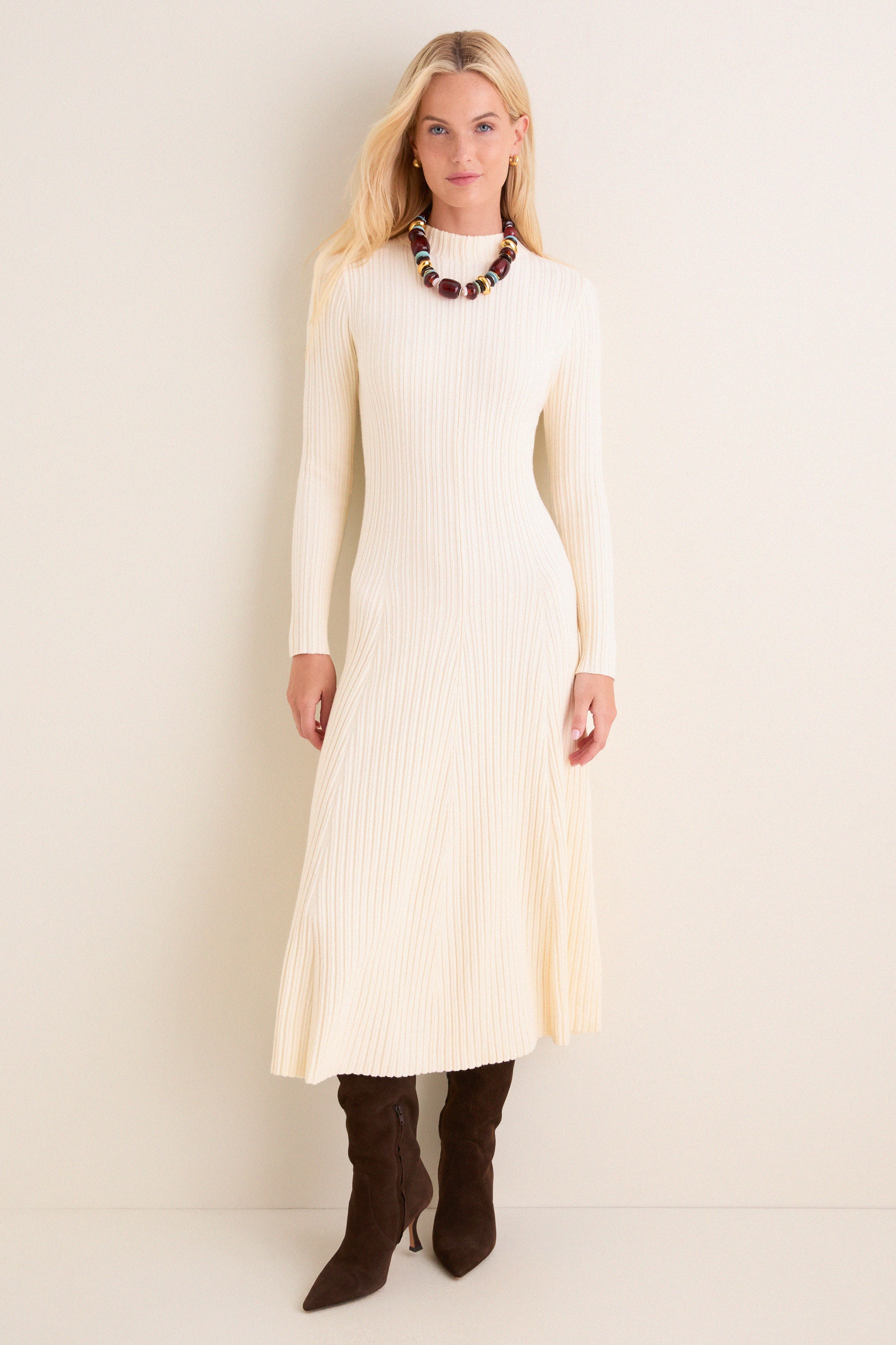 Cream Ribbed Knit Corey Midi Dress