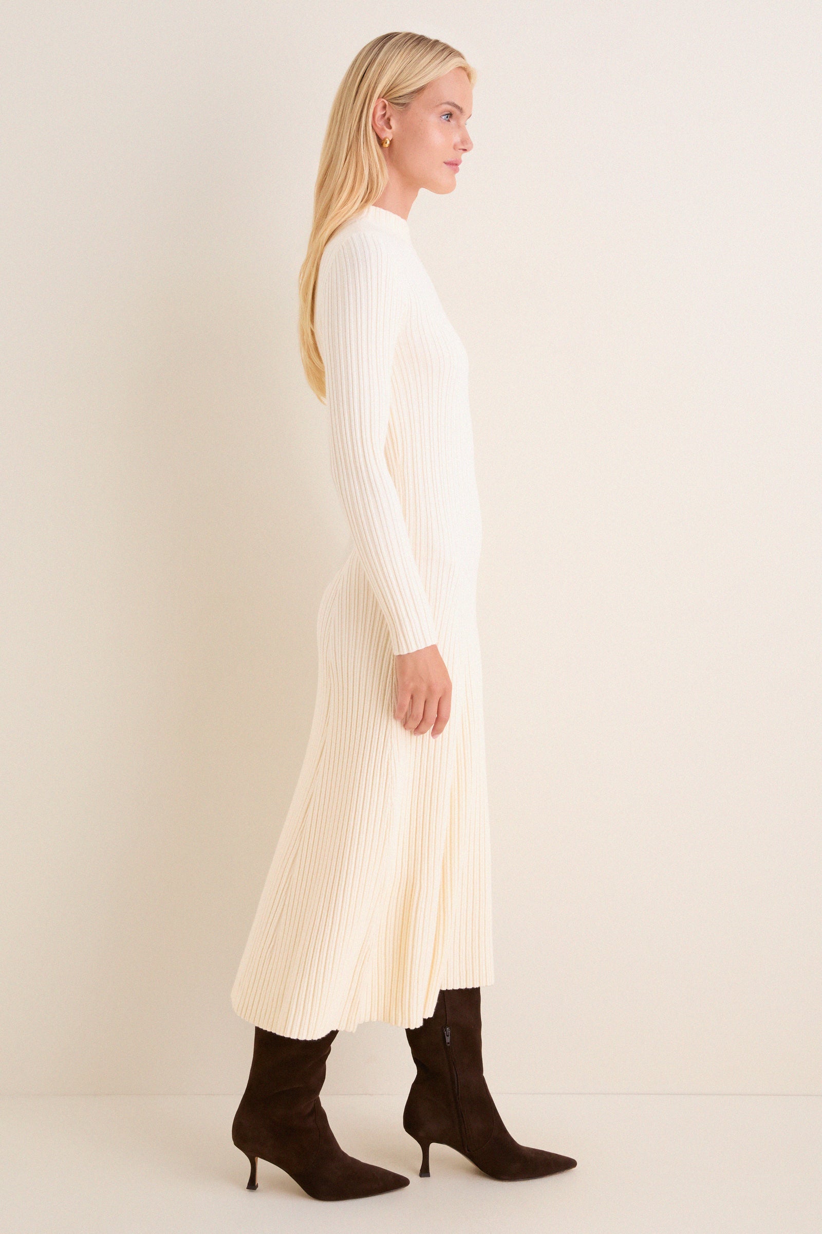 Cream Ribbed Knit Corey Midi Dress