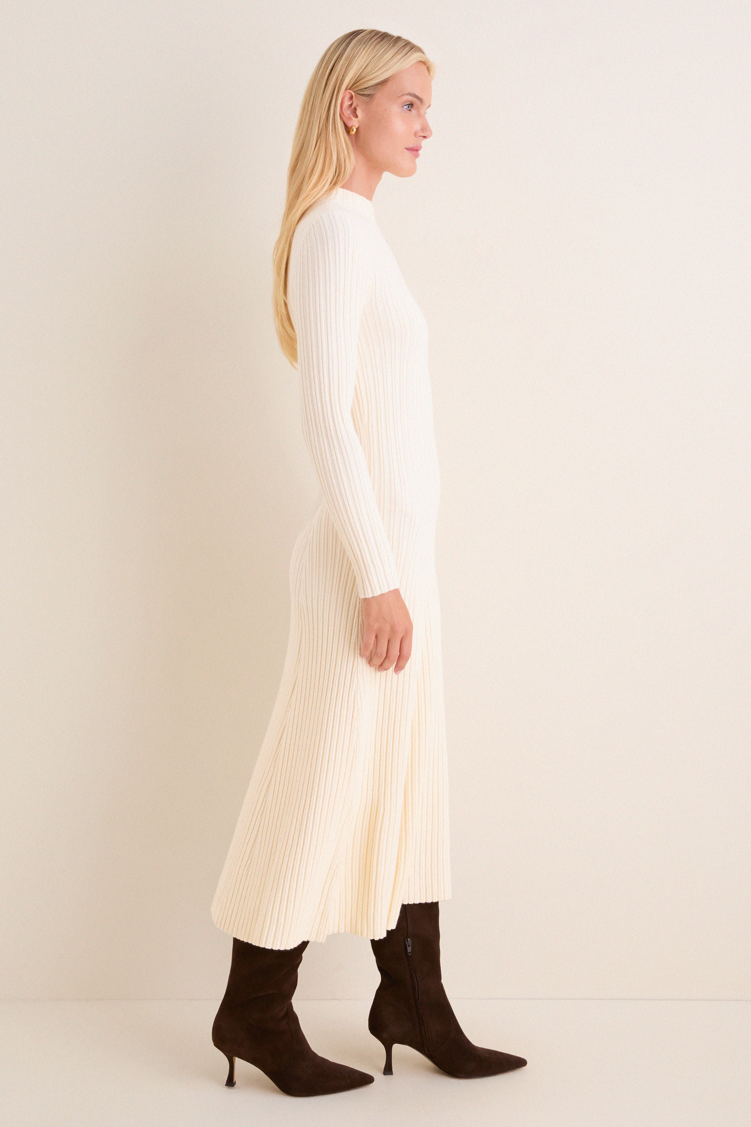 Cream Ribbed Knit Corey Midi Dress