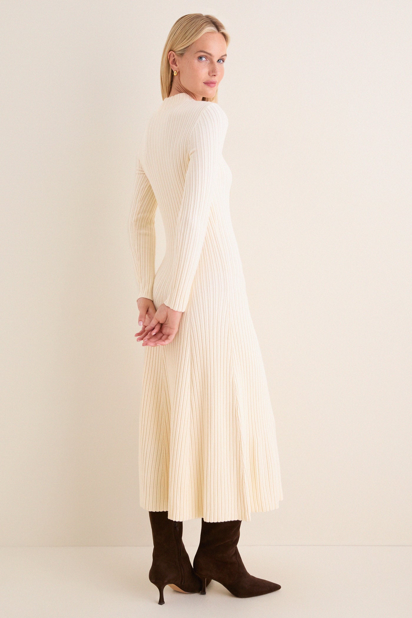 Cream Ribbed Knit Corey Midi Dress