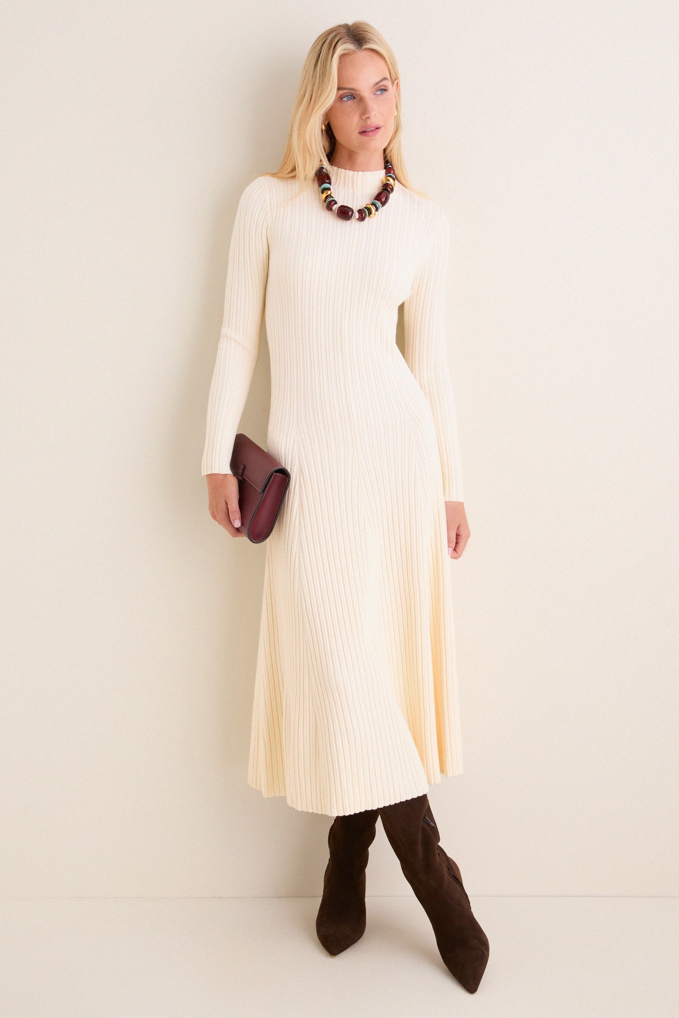 Cream Ribbed Knit Corey Midi Dress