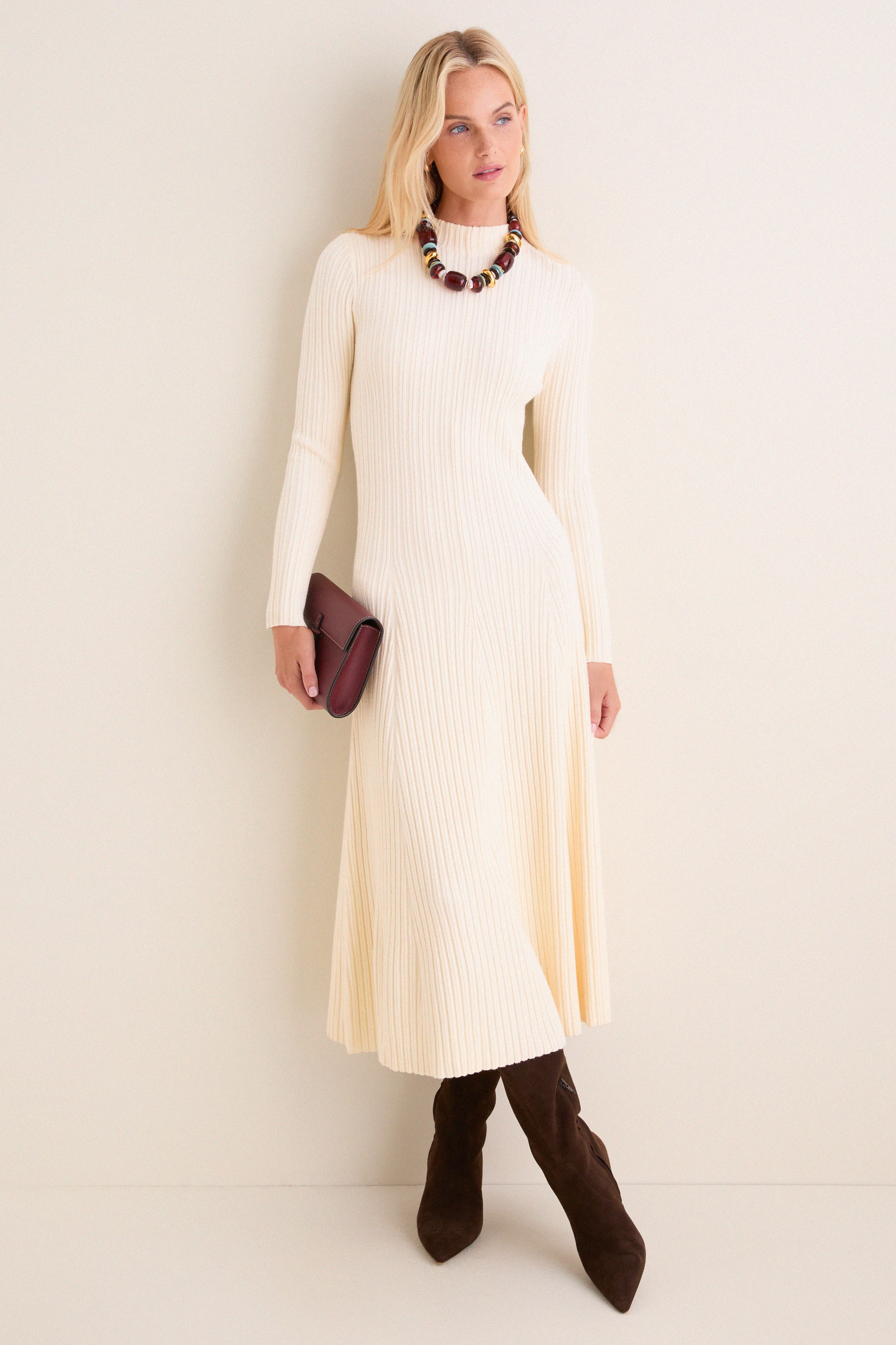 Cream Ribbed Knit Corey Midi Dress