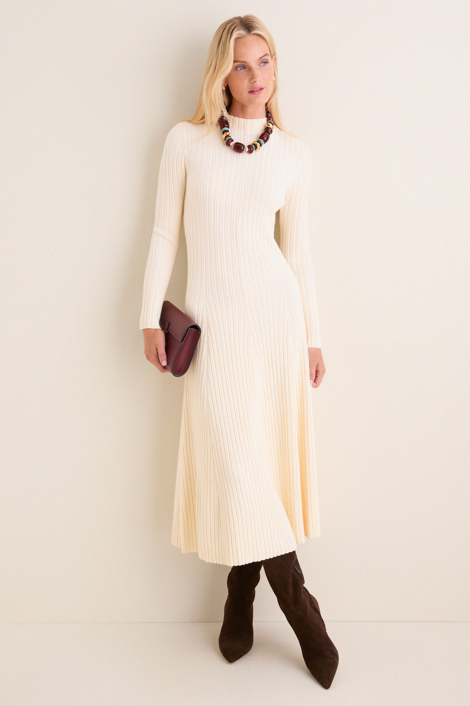 Cream Ribbed Knit Corey Midi Dress