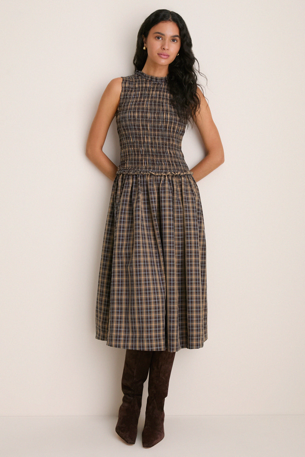 Harvest Tartan Smocked Olivia Midi Dress