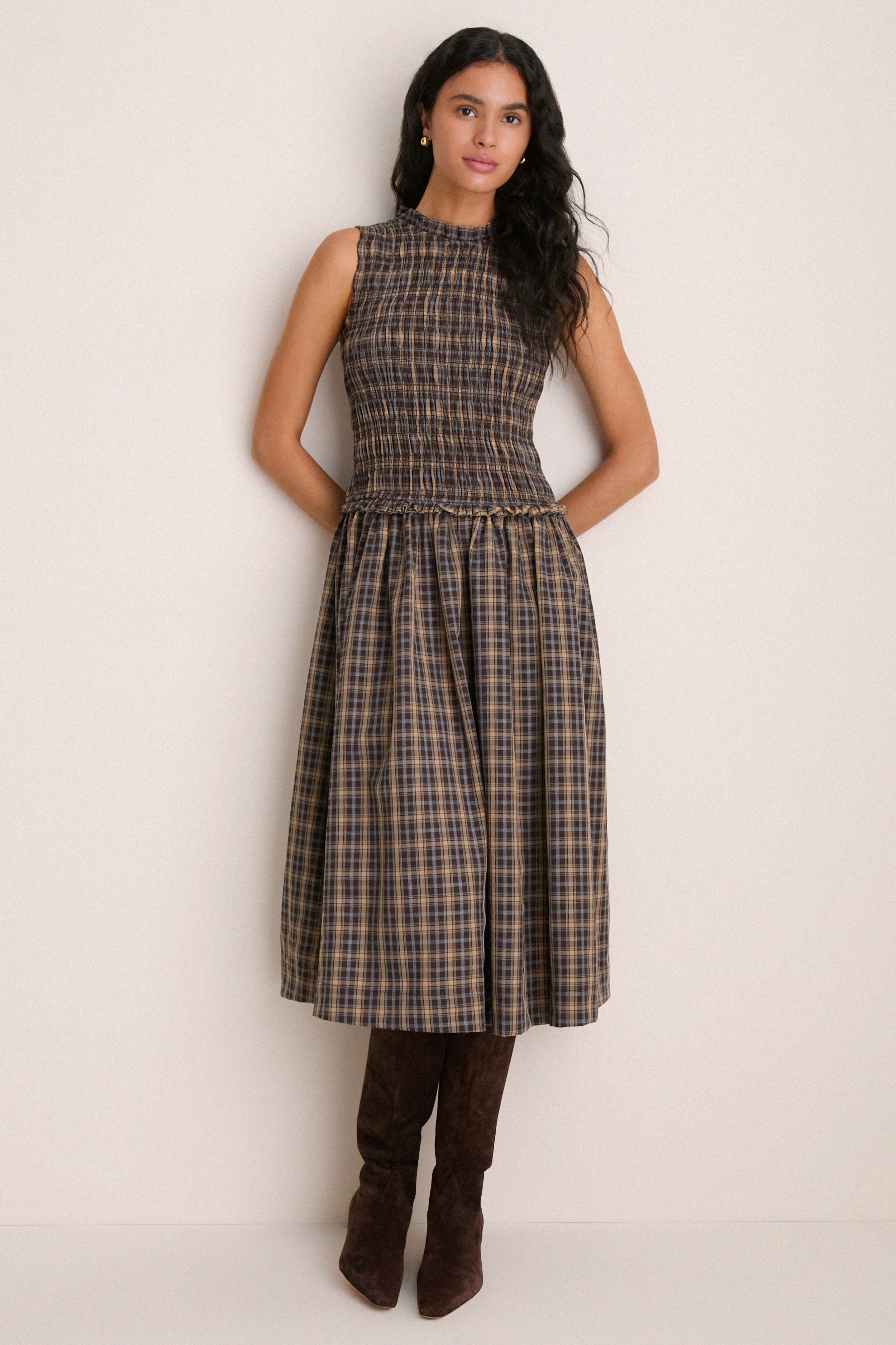 Harvest Tartan Smocked Olivia Midi Dress