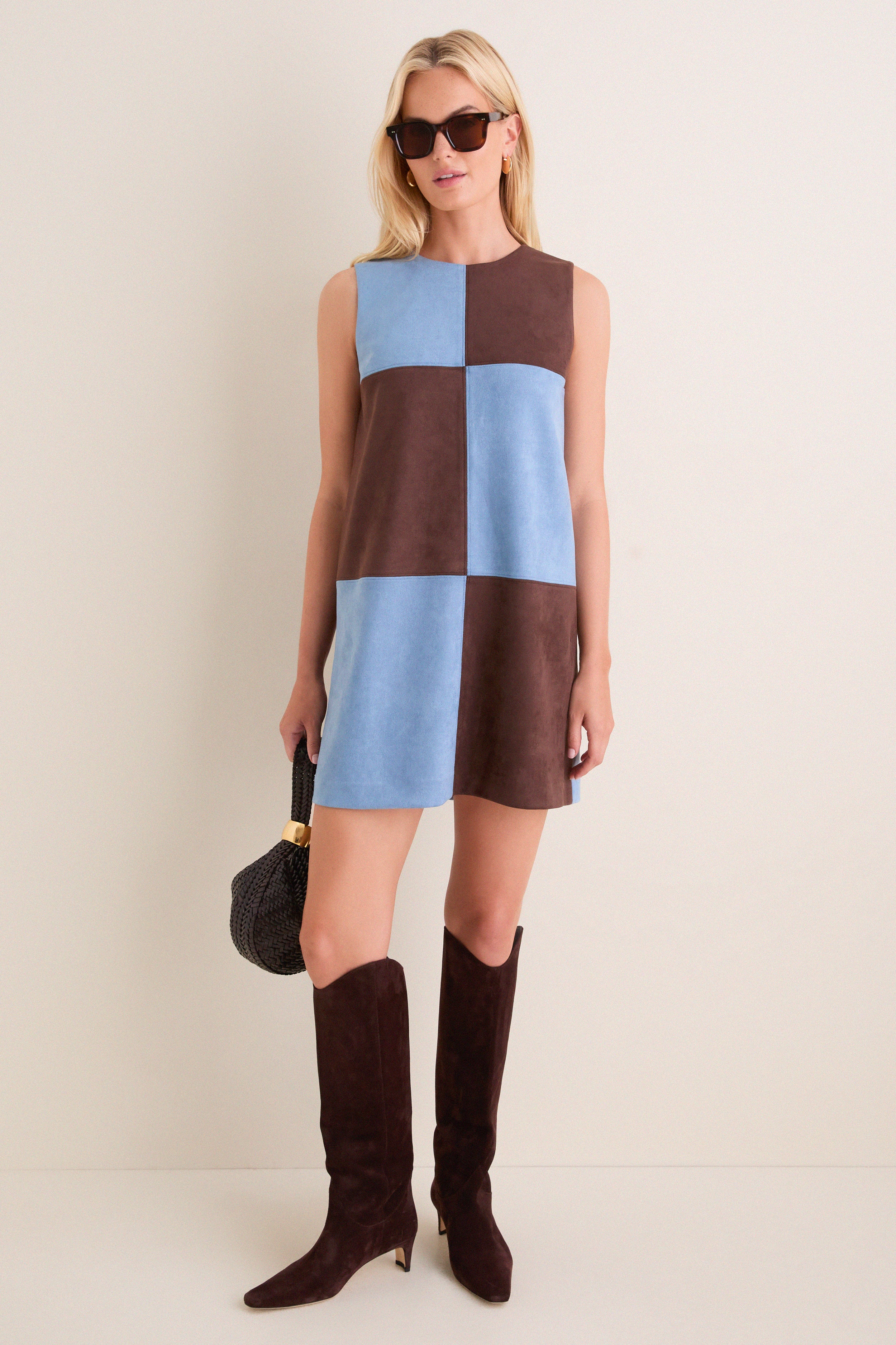 Ice Blue & Chocolate Faux Suede Beth Dress