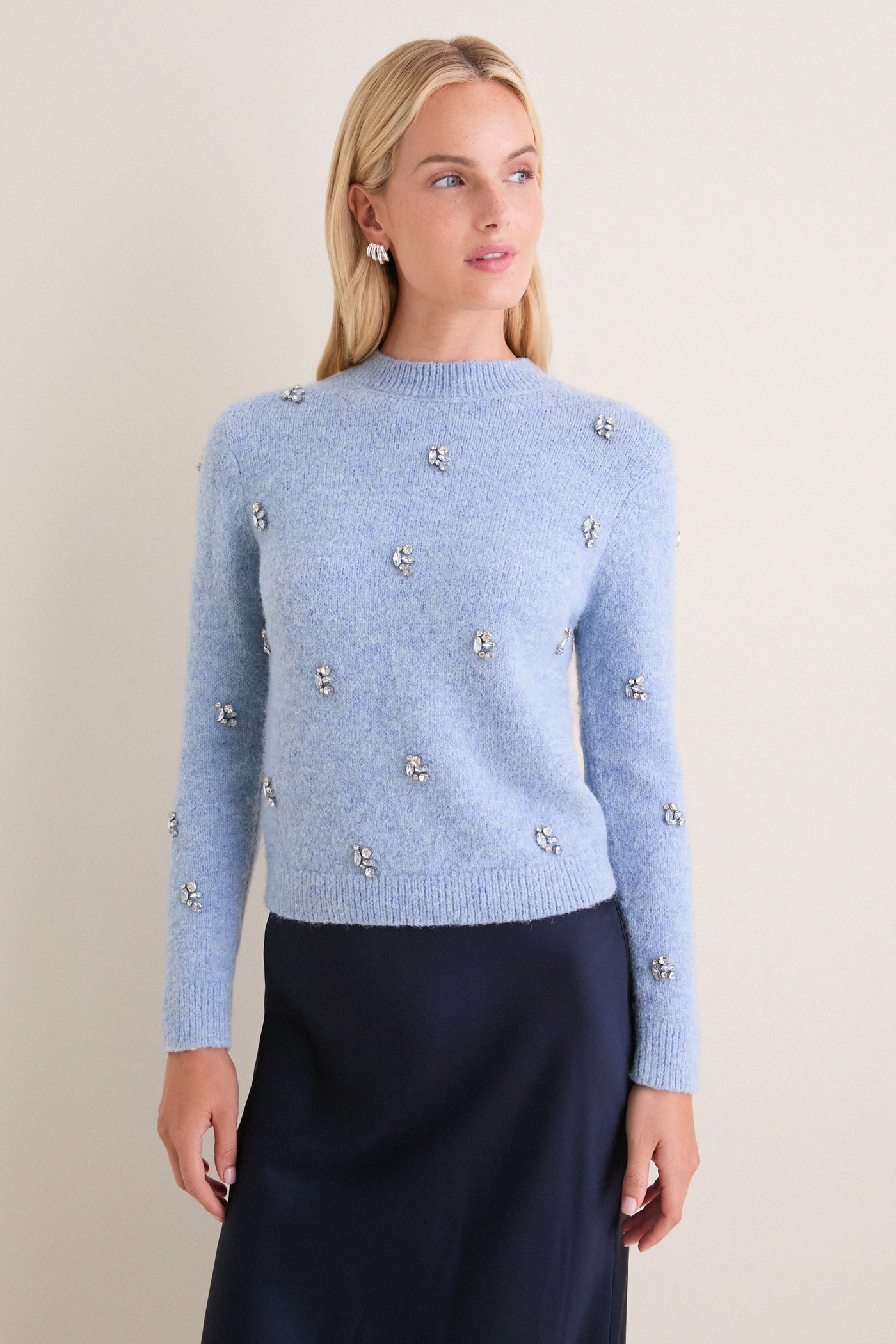 Ice Blue Embellished Bijou Crewneck Sweater