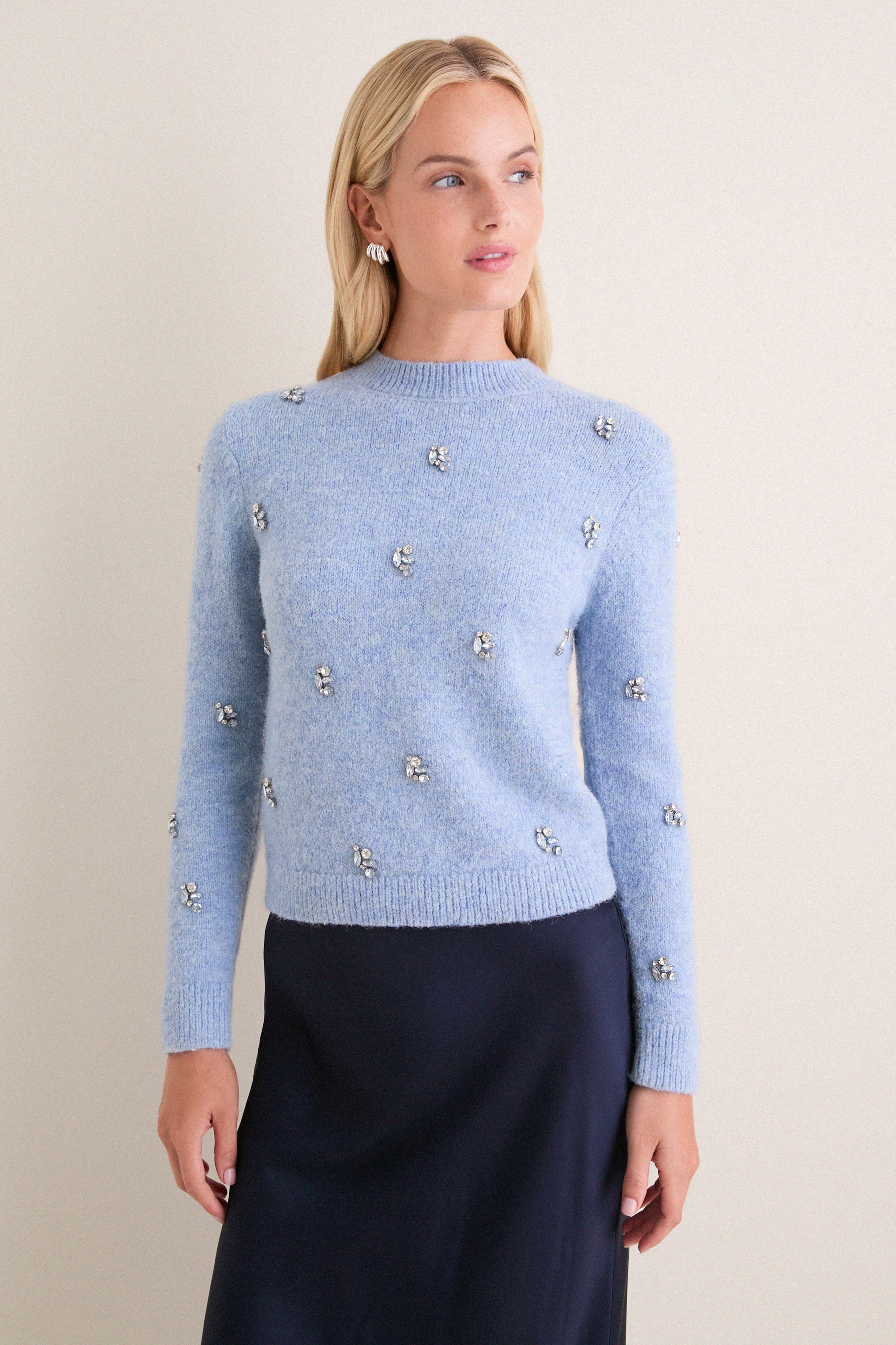 Ice Blue Embellished Bijou Crewneck Sweater