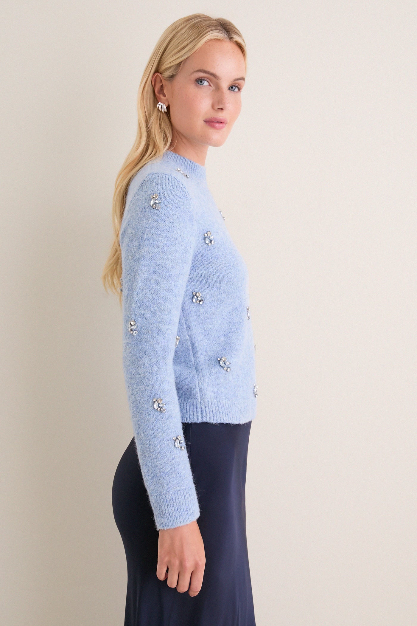 Ice Blue Embellished Bijou Crewneck Sweater