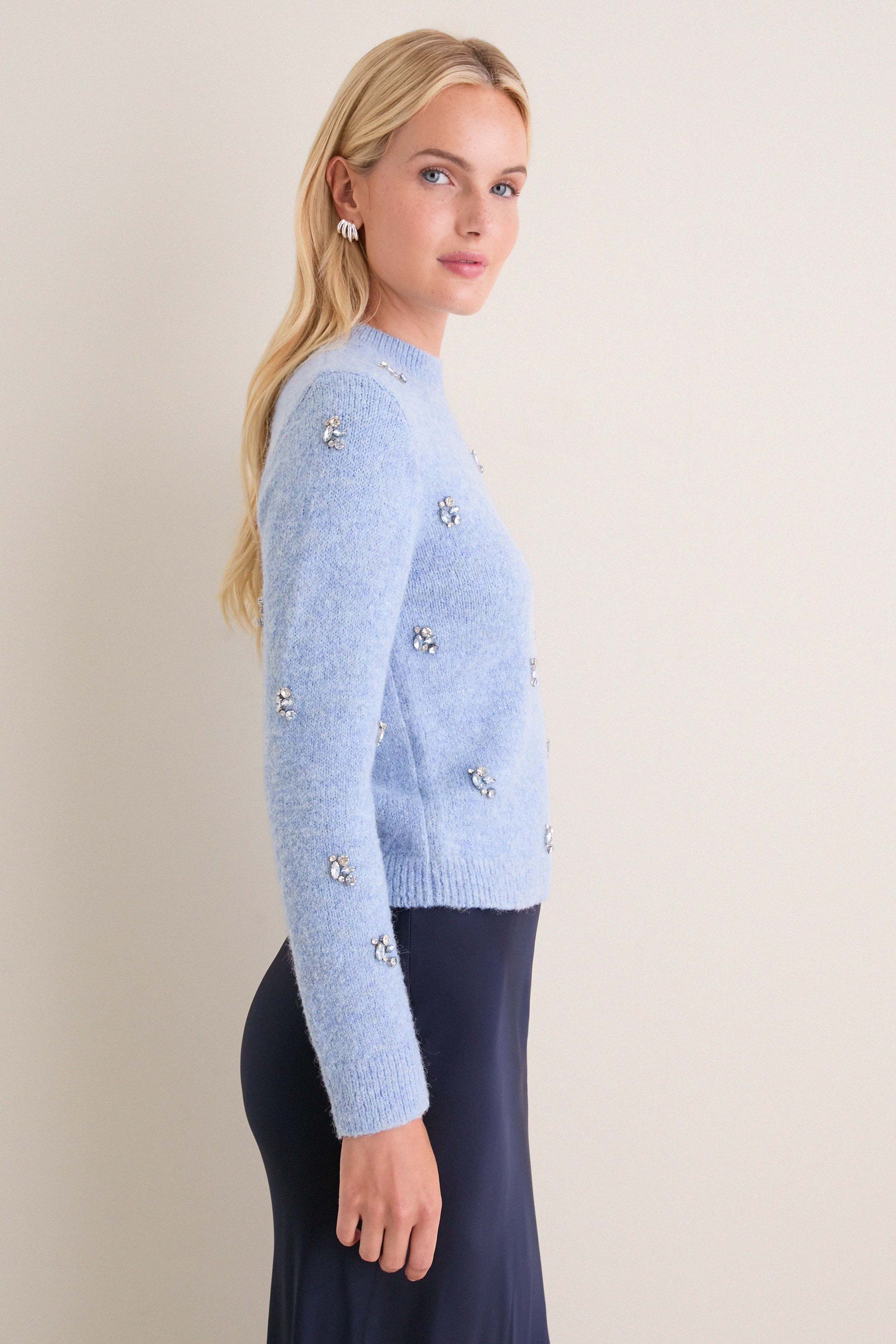 Ice Blue Embellished Bijou Crewneck Sweater