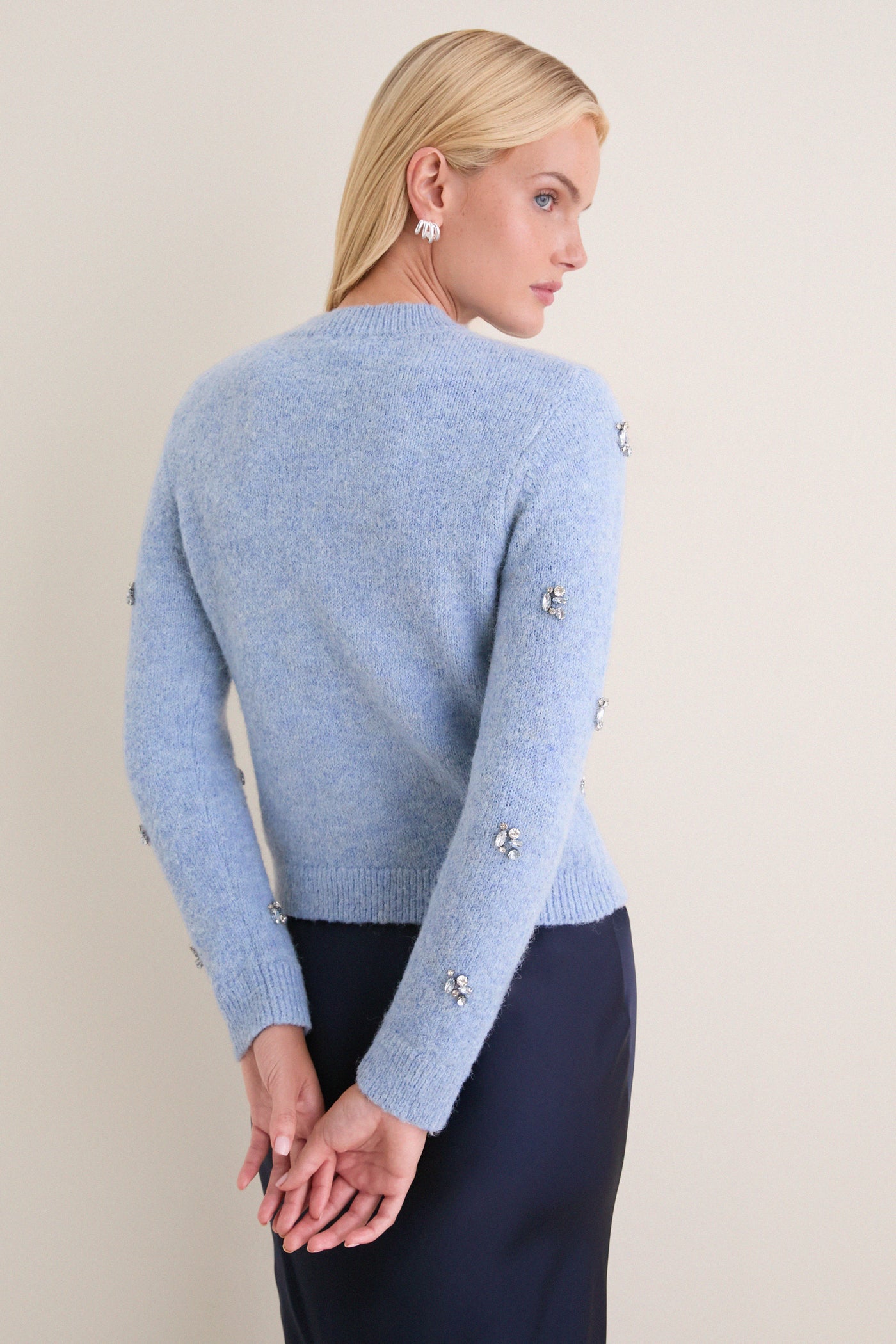 Ice Blue Embellished Bijou Crewneck Sweater