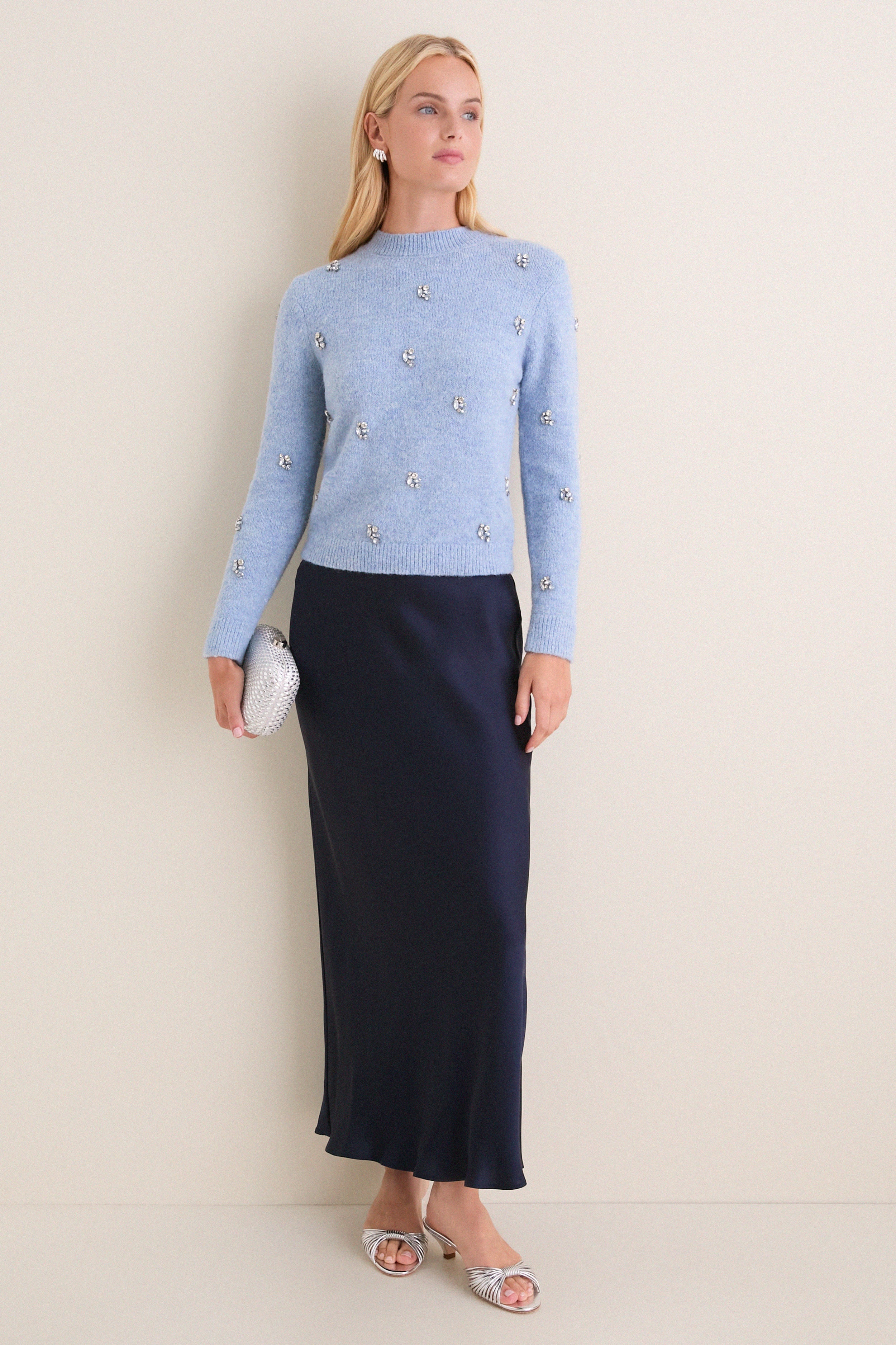 Ice Blue Embellished Bijou Crewneck Sweater