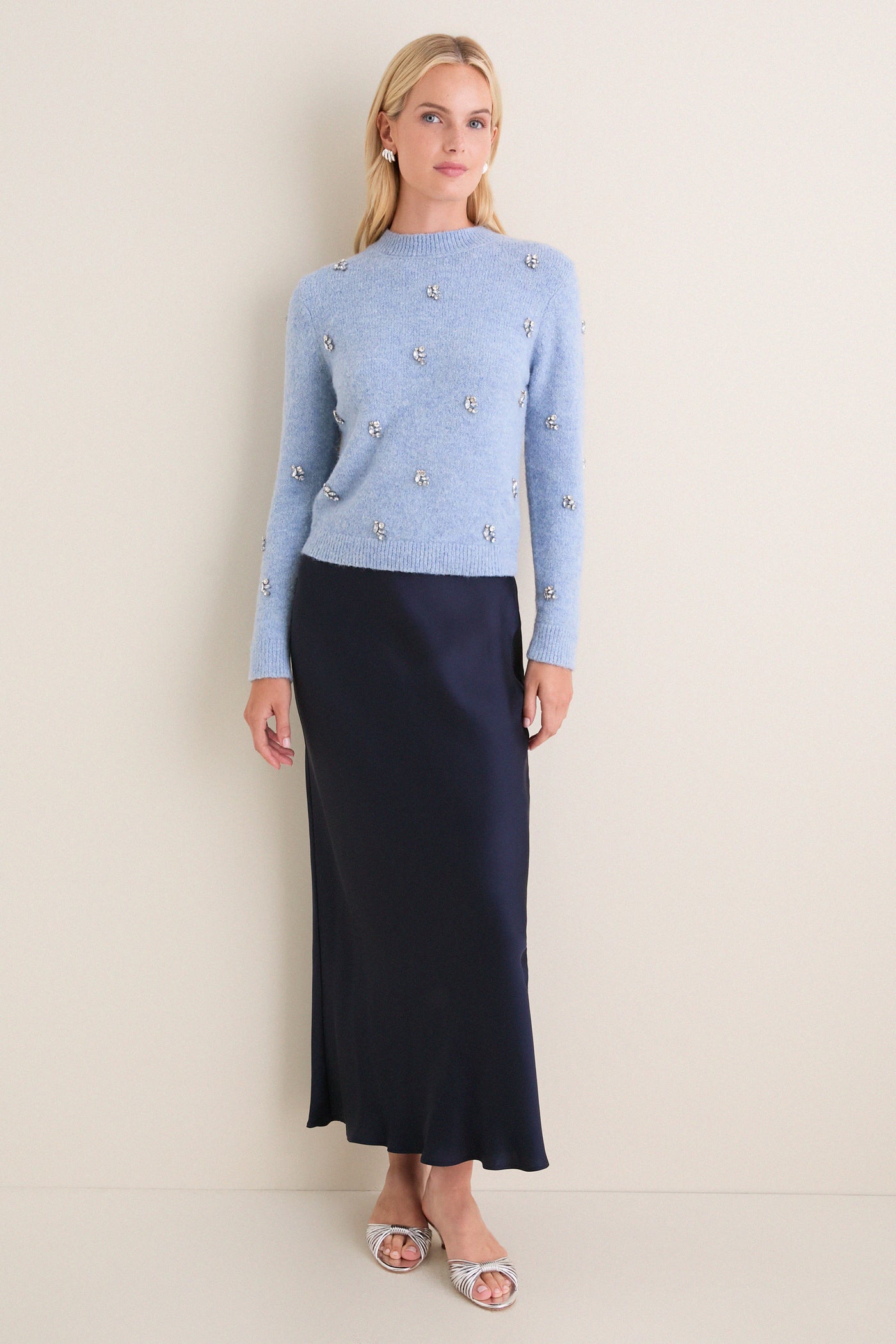 Ice Blue Embellished Bijou Crewneck Sweater