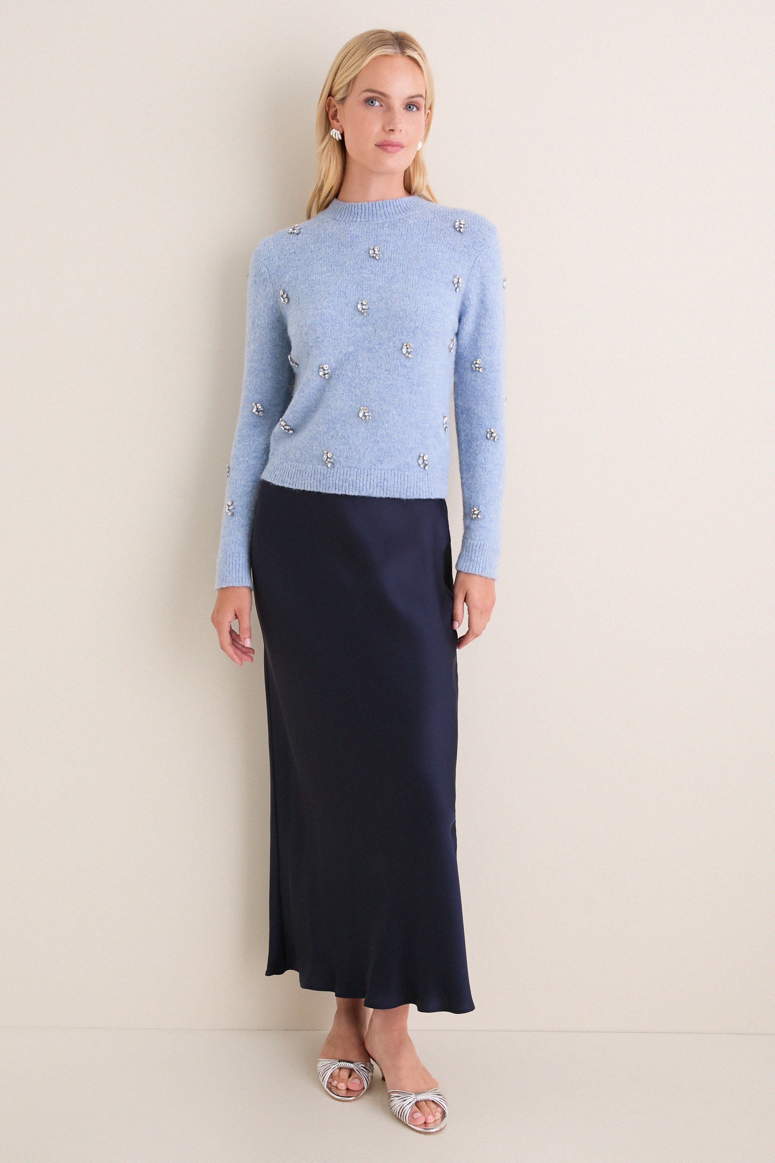Ice Blue Embellished Bijou Crewneck Sweater