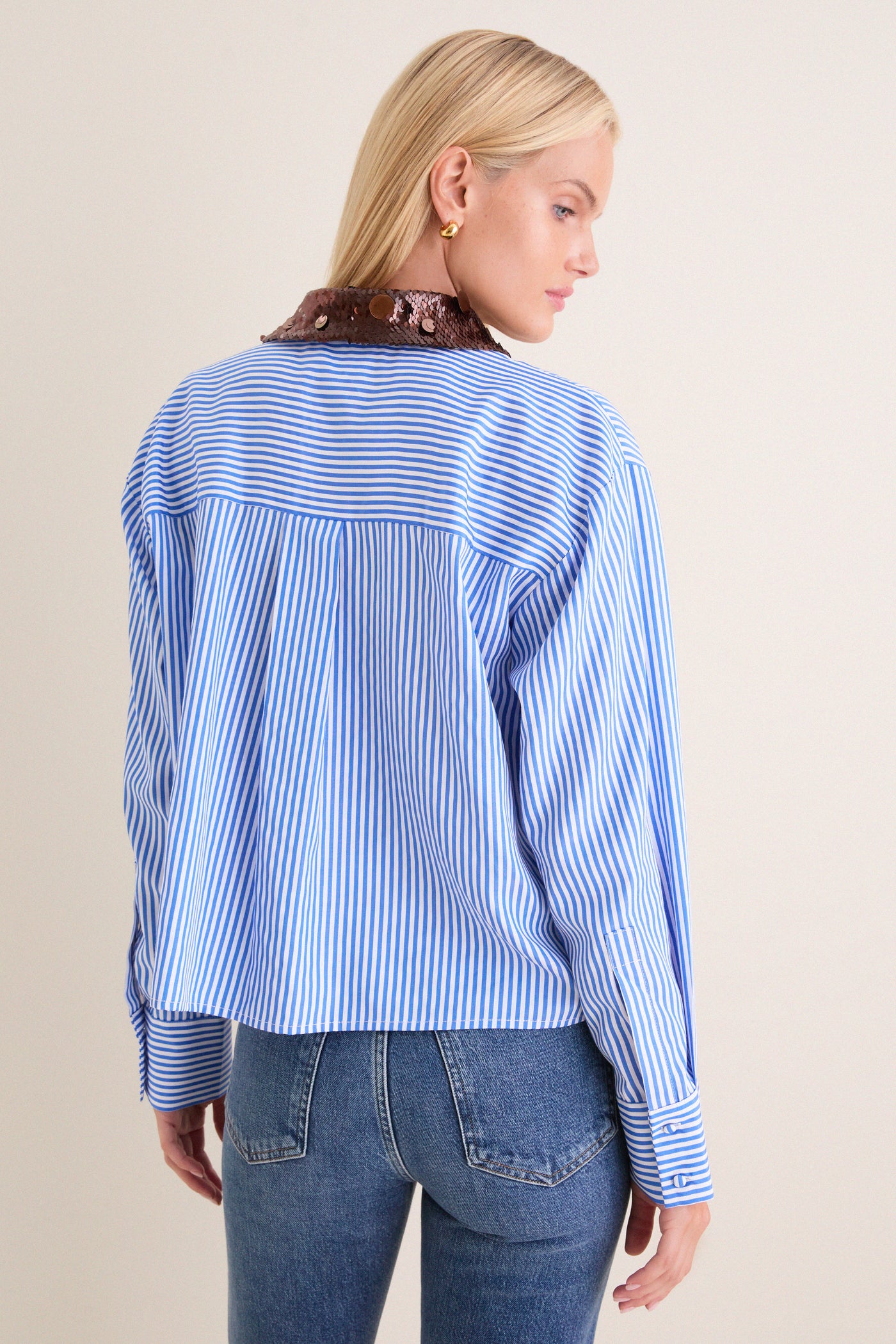 Blue Pinstripe & Bronze Sequin Sadie Button Down