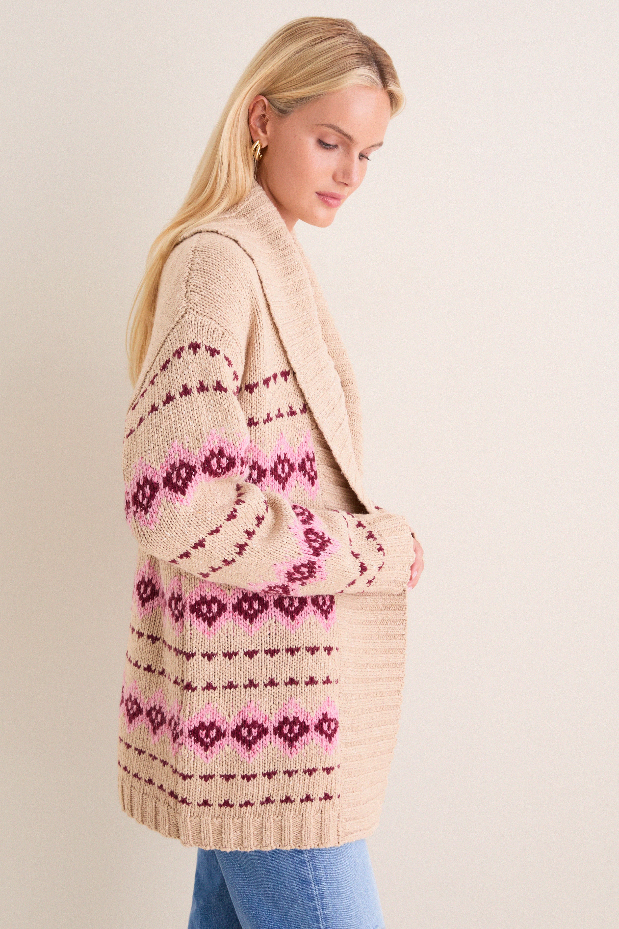 Tan & Pink Fair Isle Stowe Oversized Cardigan