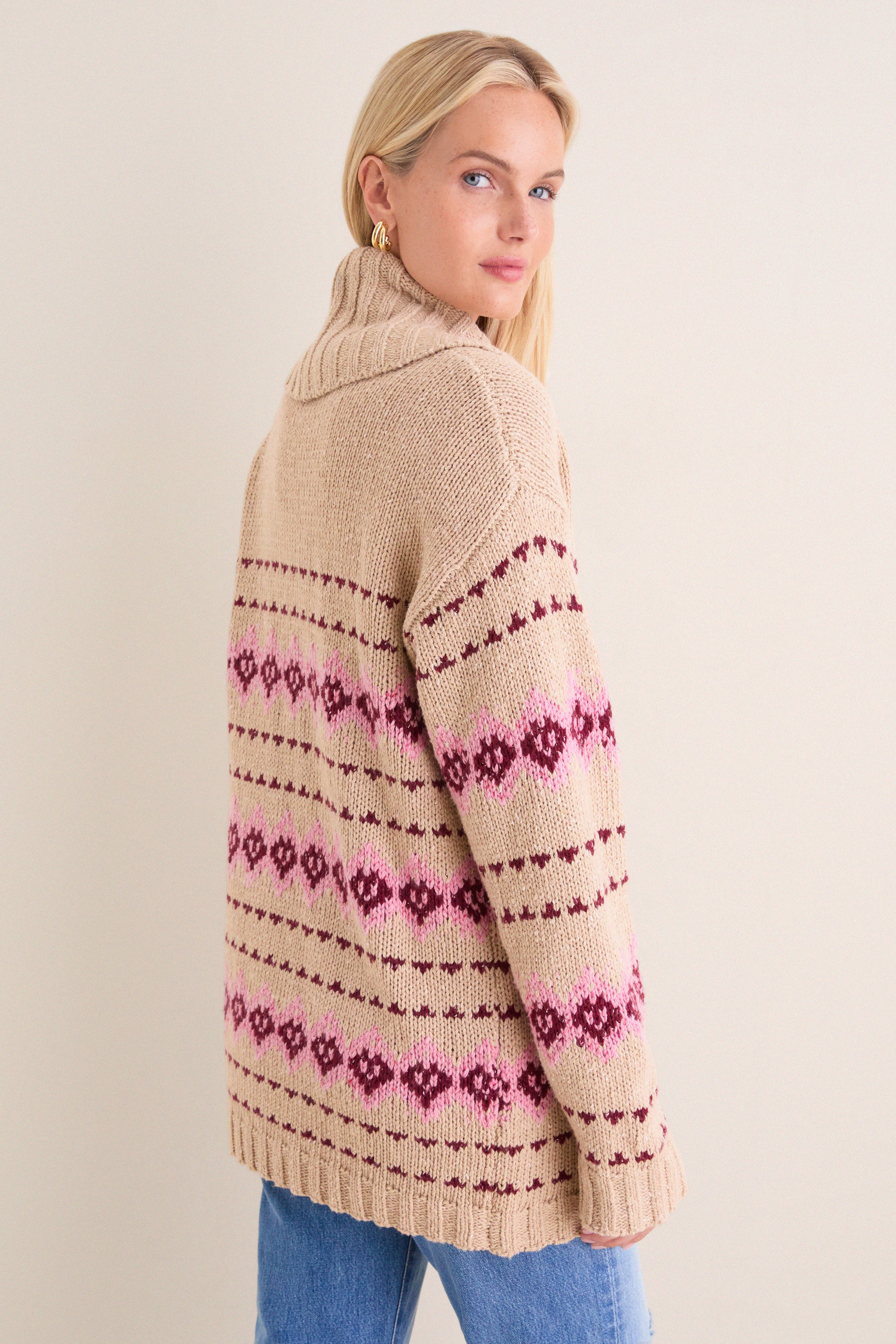 Tan & Pink Fair Isle Stowe Oversized Cardigan