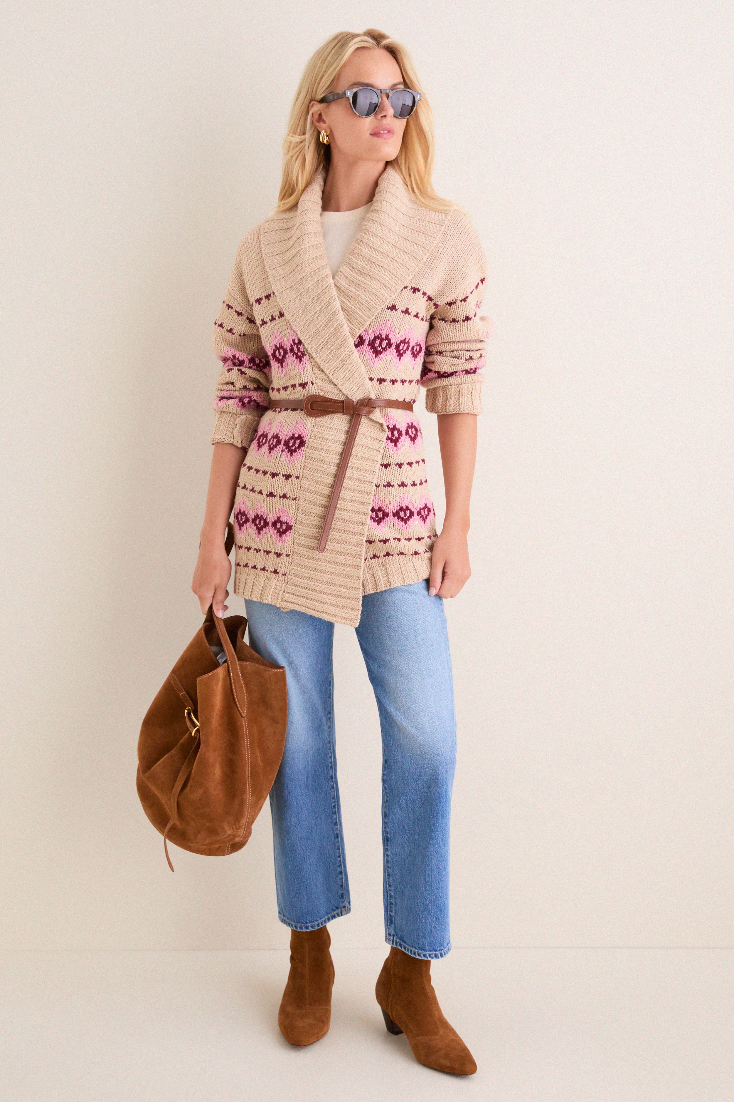 Tan & Pink Fair Isle Stowe Oversized Cardigan
