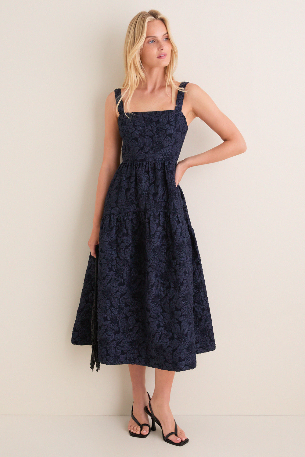 Navy Jacquard Square Neck Irene Midi Dress