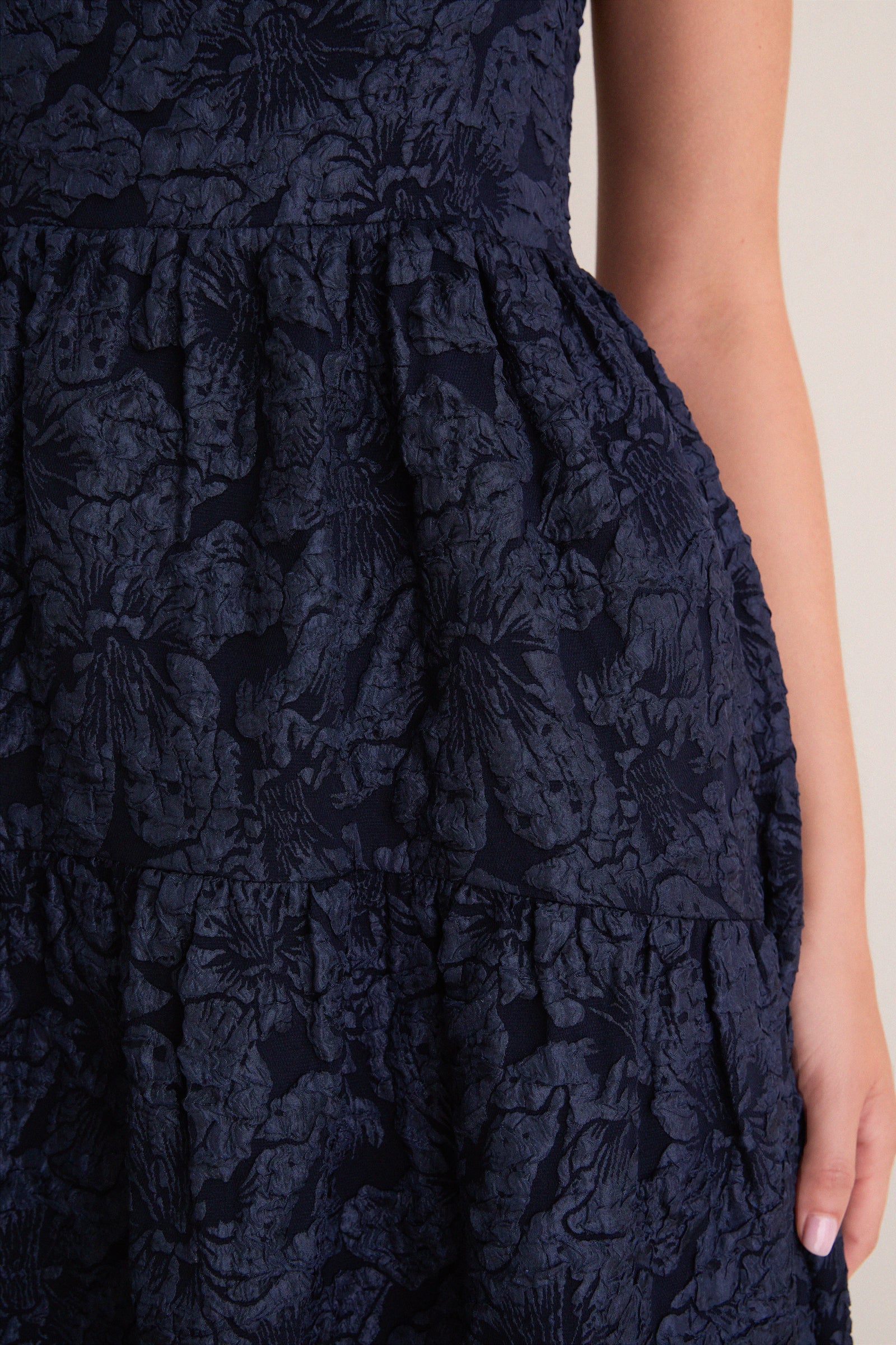 Navy Jacquard Square Neck Irene Midi Dress