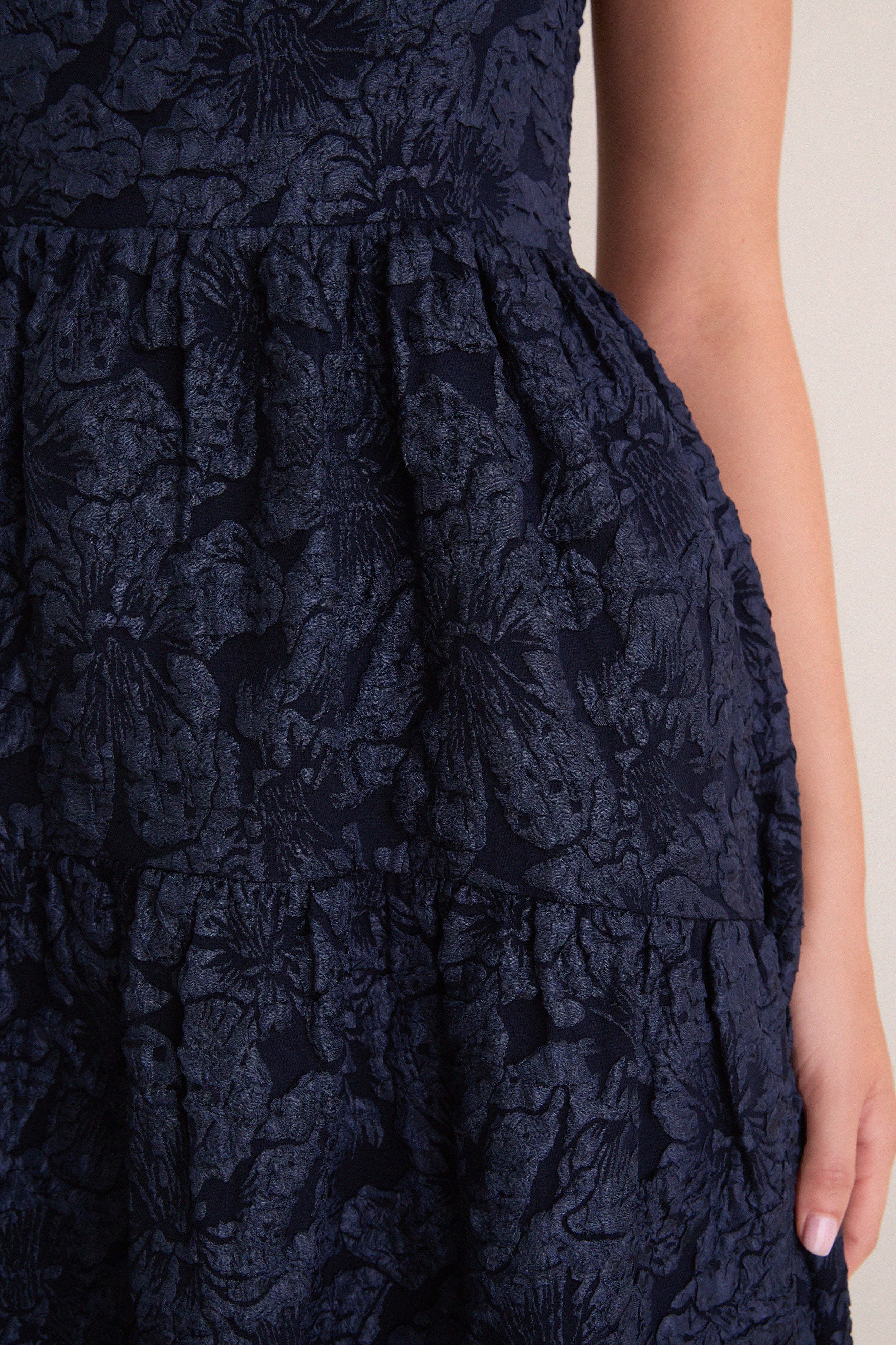 Navy Jacquard Square Neck Irene Midi Dress