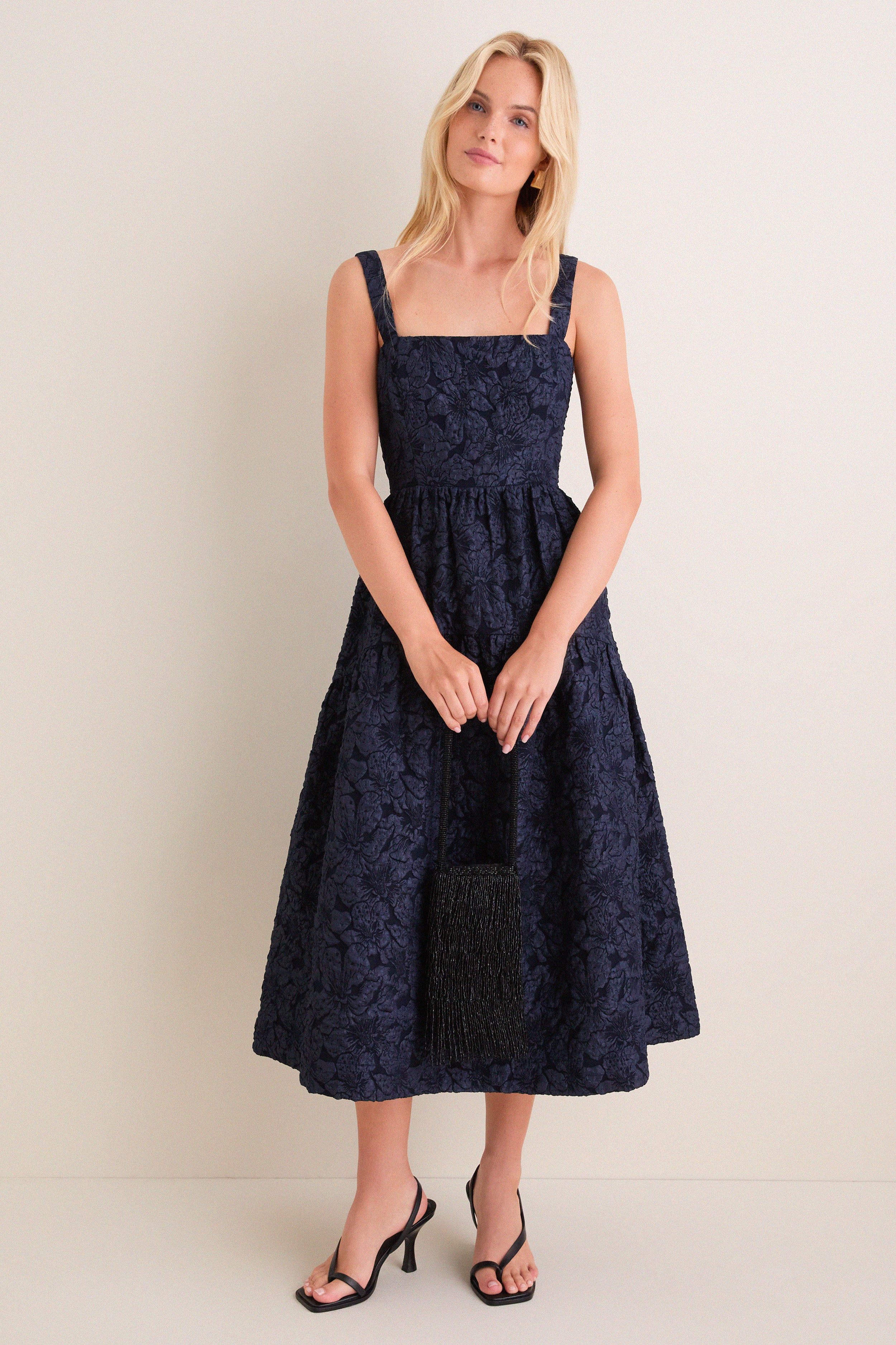Navy Jacquard Square Neck Irene Midi Dress