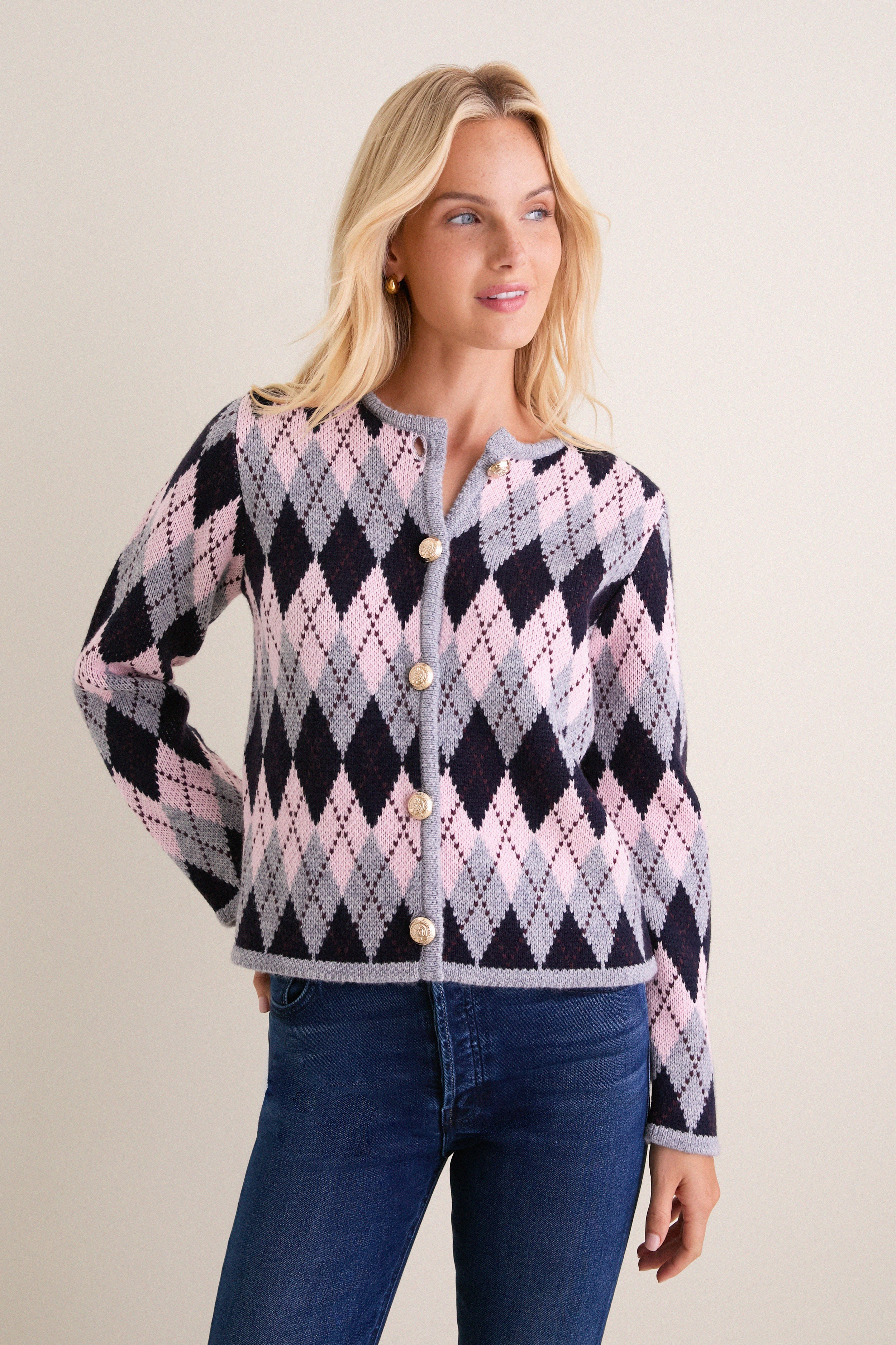 Pink & Navy Argyle Caspian Cardigan