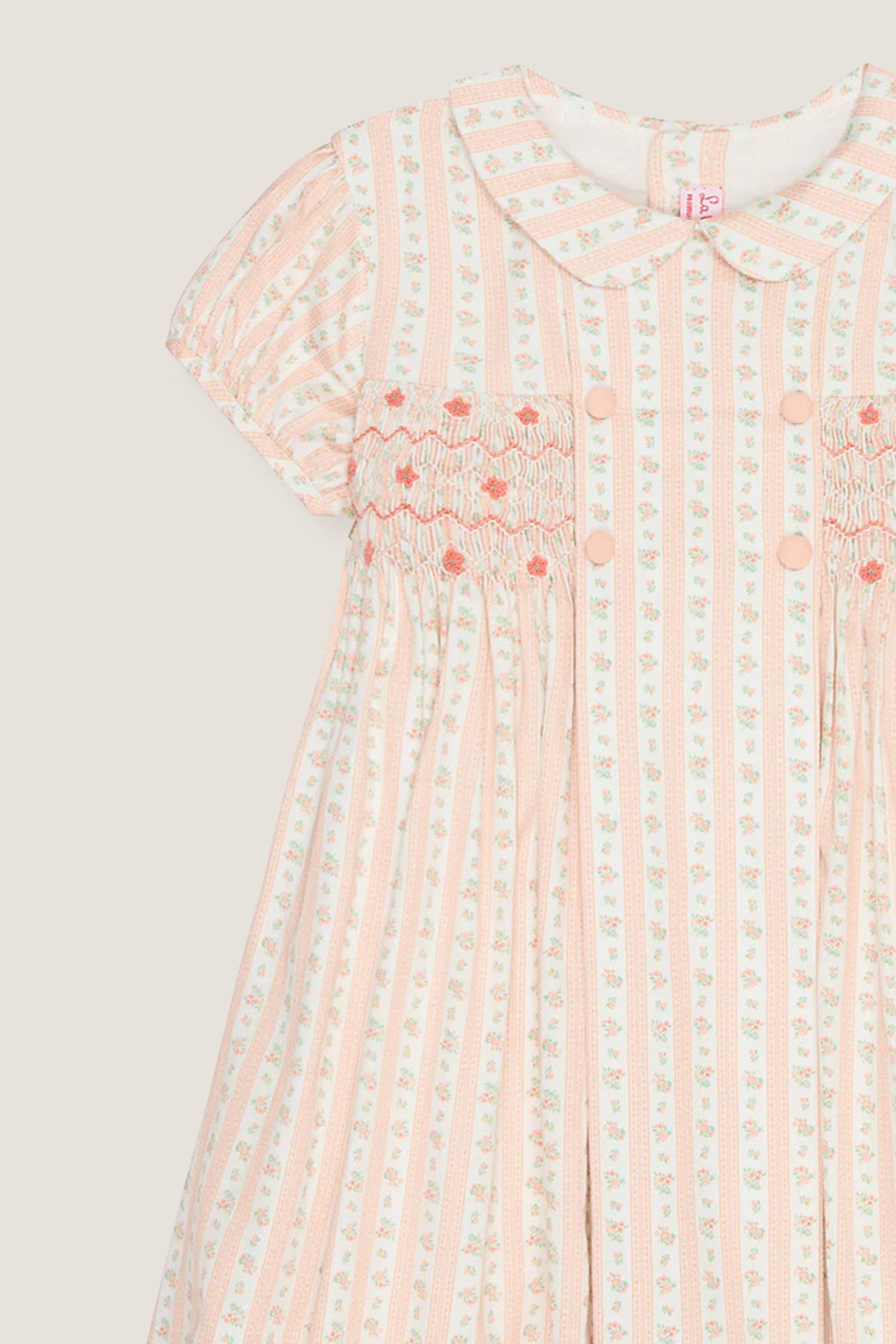 Pink Floral Stripe Arcadia Girl Hand-Smocked Dress