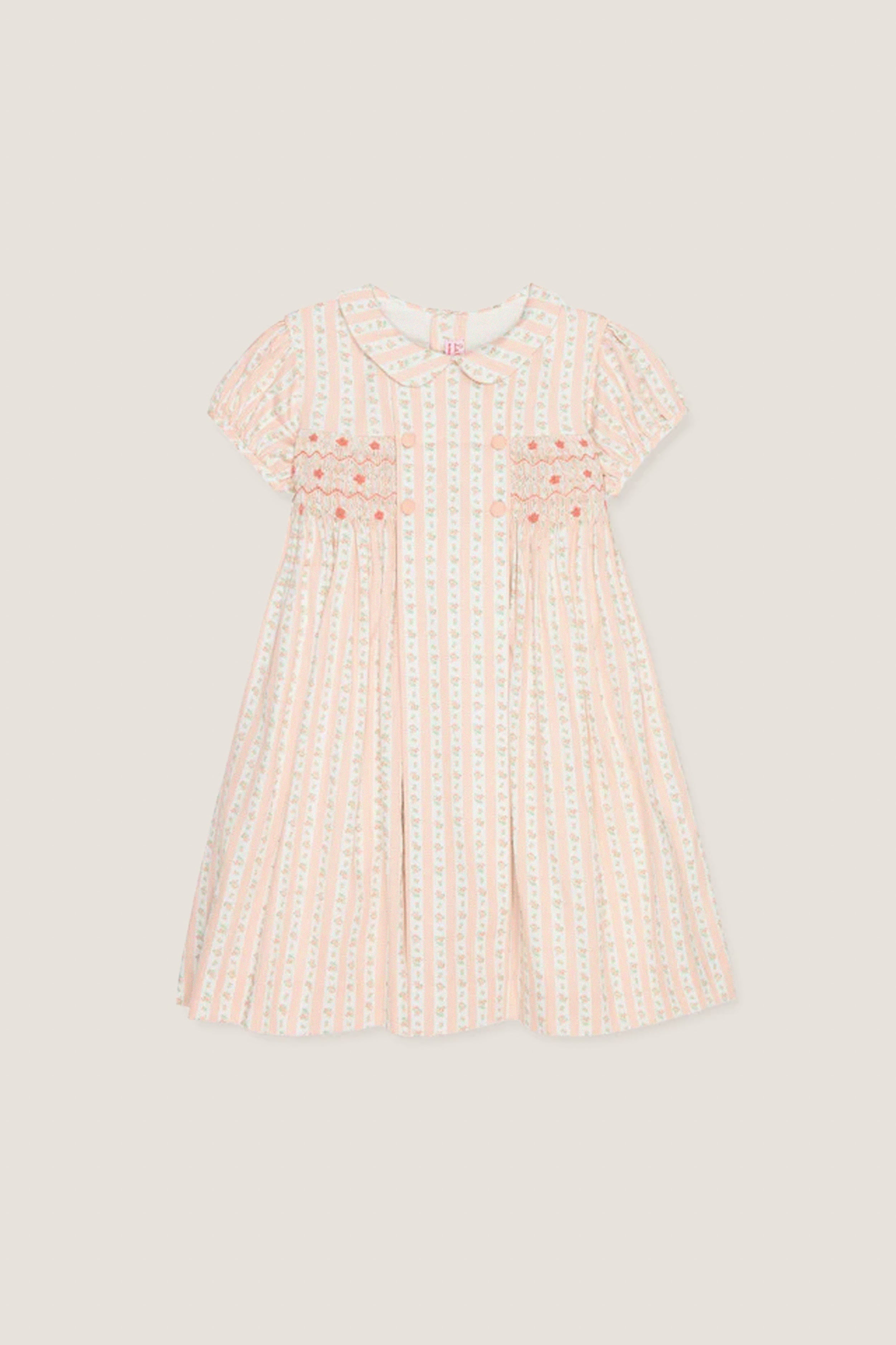 Pink Floral Stripe Arcadia Girl Hand-Smocked Dress