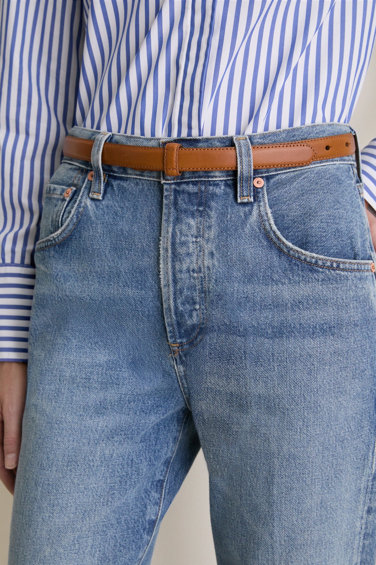 Camel Leather Buckleless Skinny Belt