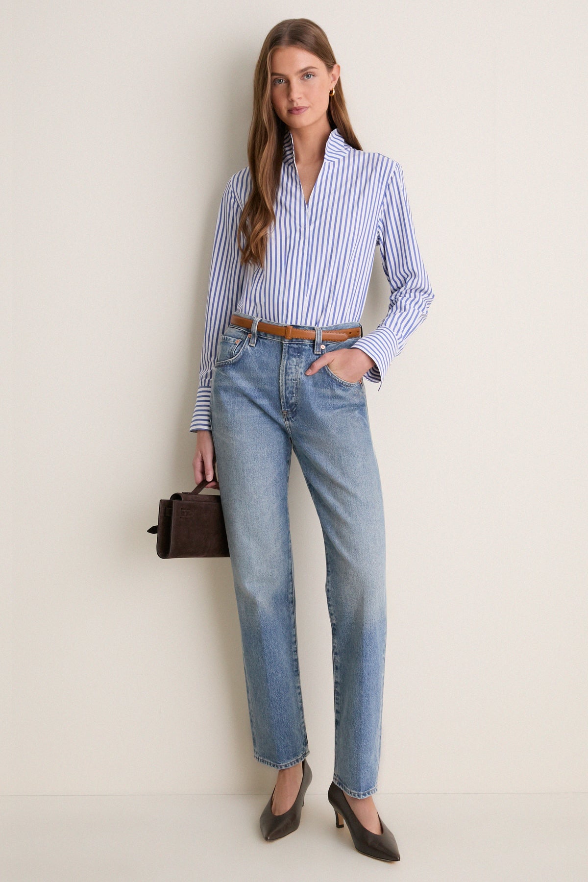 Camel Leather Buckleless Skinny Belt