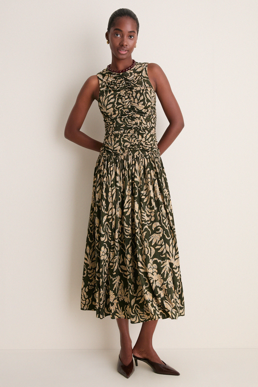Khaki Floral Elora Sleeveless Jersey Dress