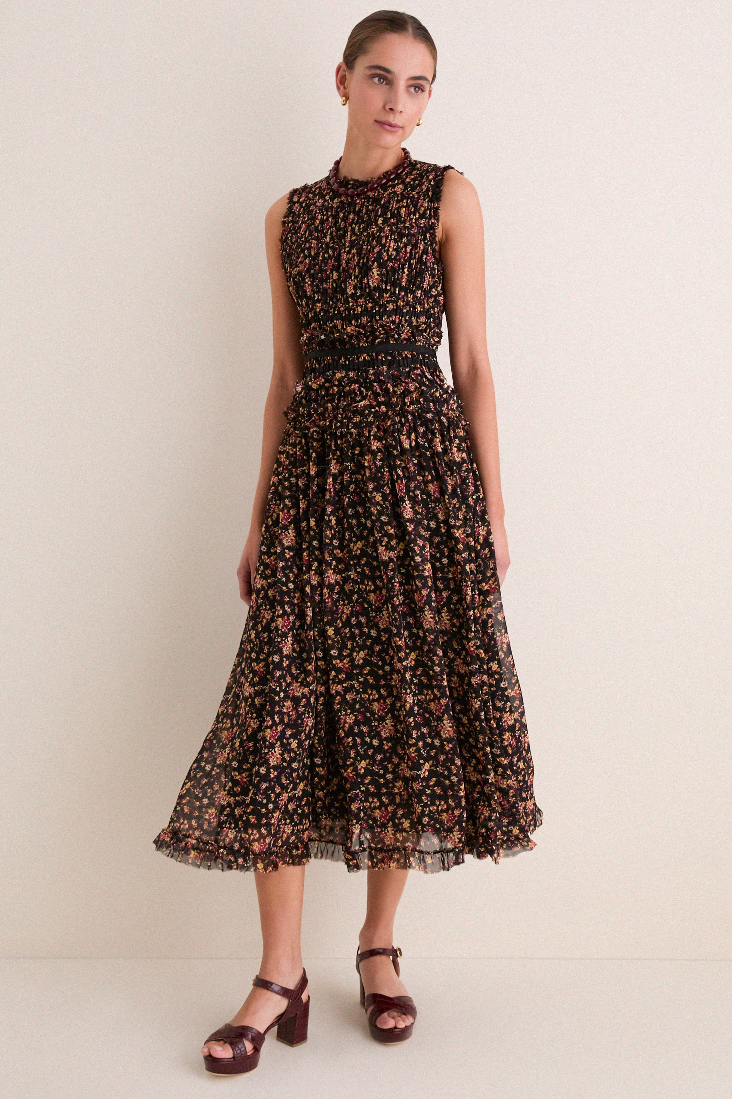 Noir Mille-Fleur Etta Sleeveless Silk Dress