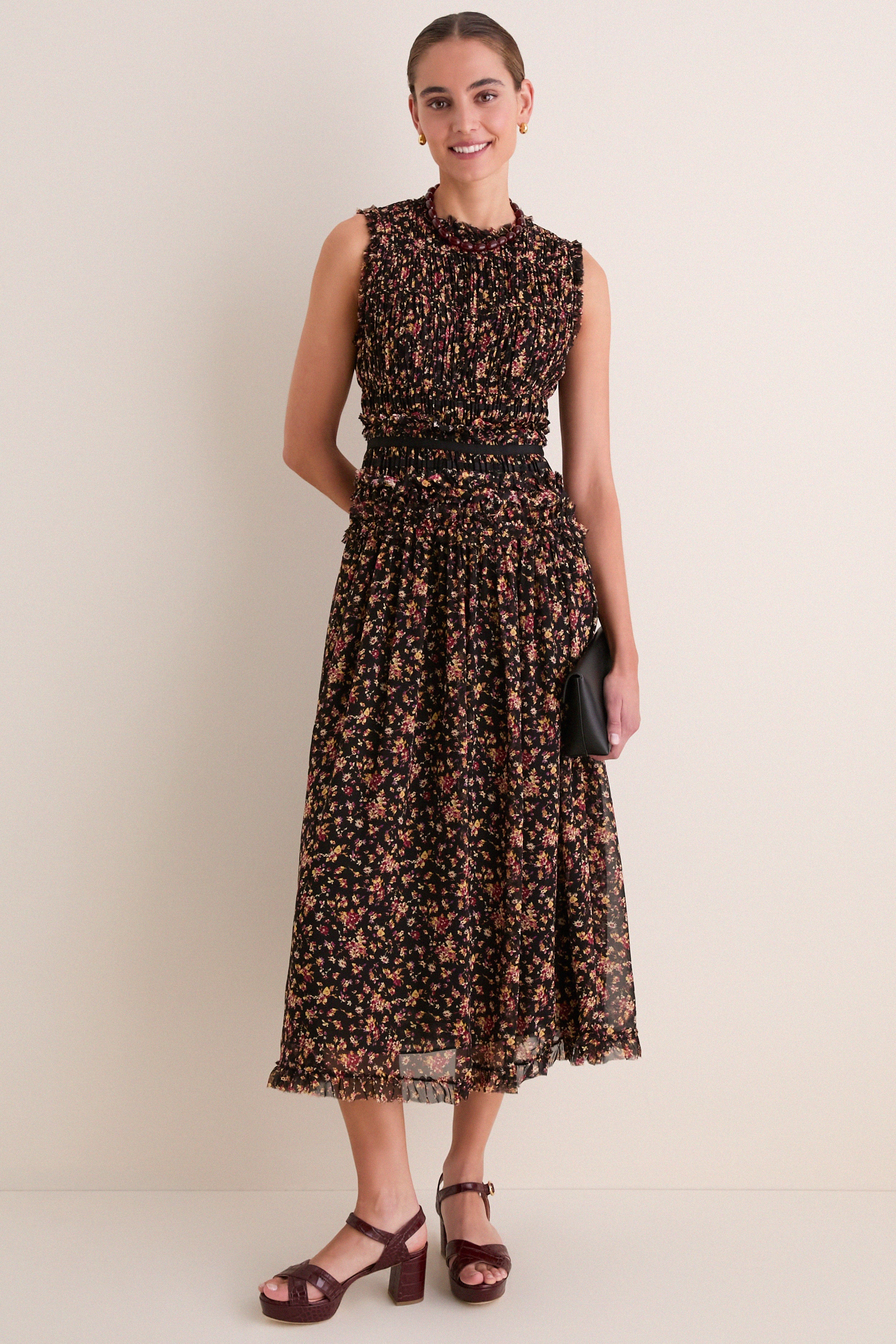 Noir Mille-Fleur Etta Sleeveless Silk Dress