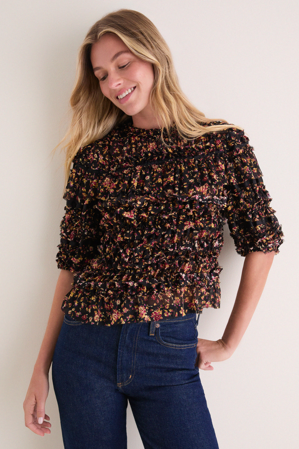 Noir Mille-Fleur Mabel Short Sleeve Silk Top