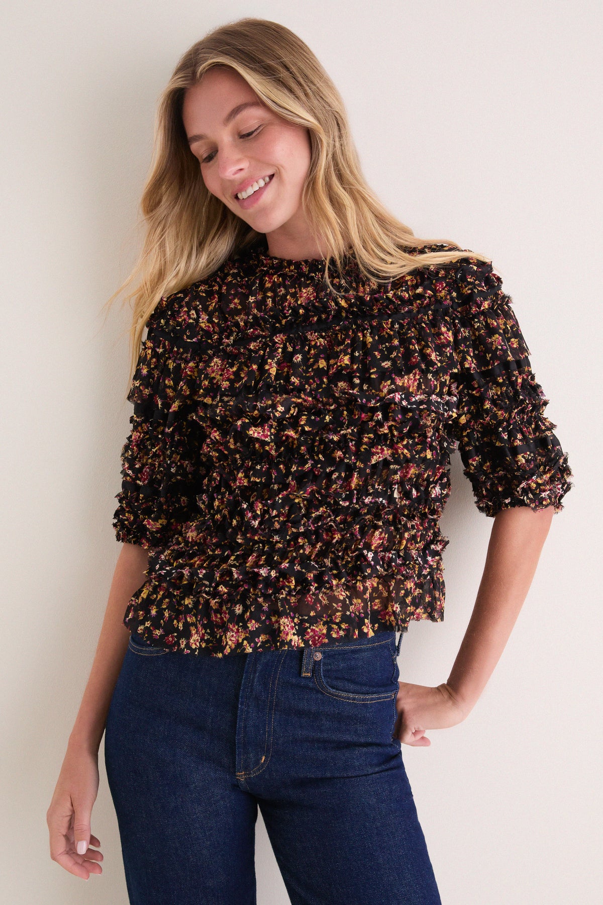 Noir Mille-Fleur Mabel Short Sleeve Silk Top