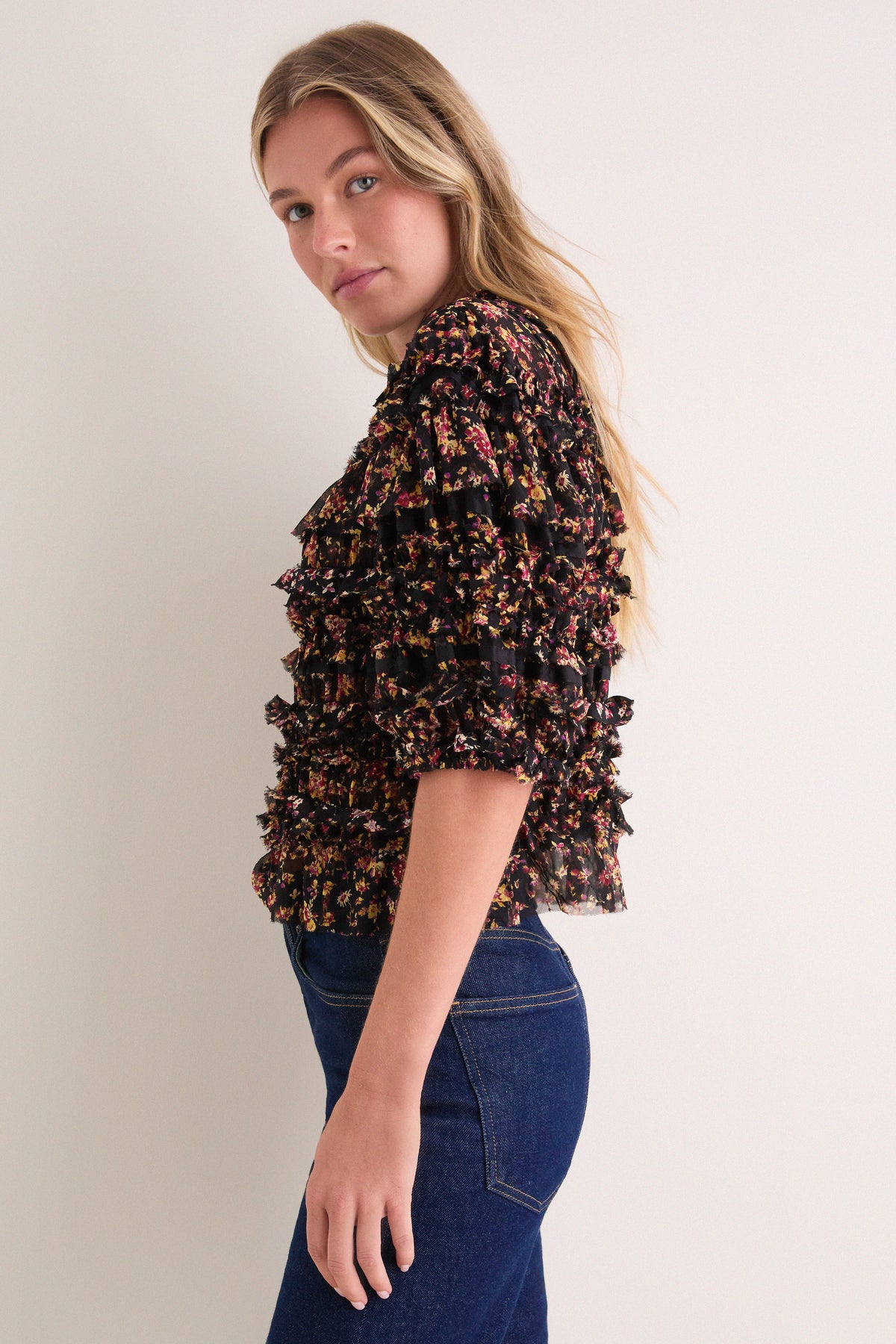 Noir Mille-Fleur Mabel Short Sleeve Silk Top