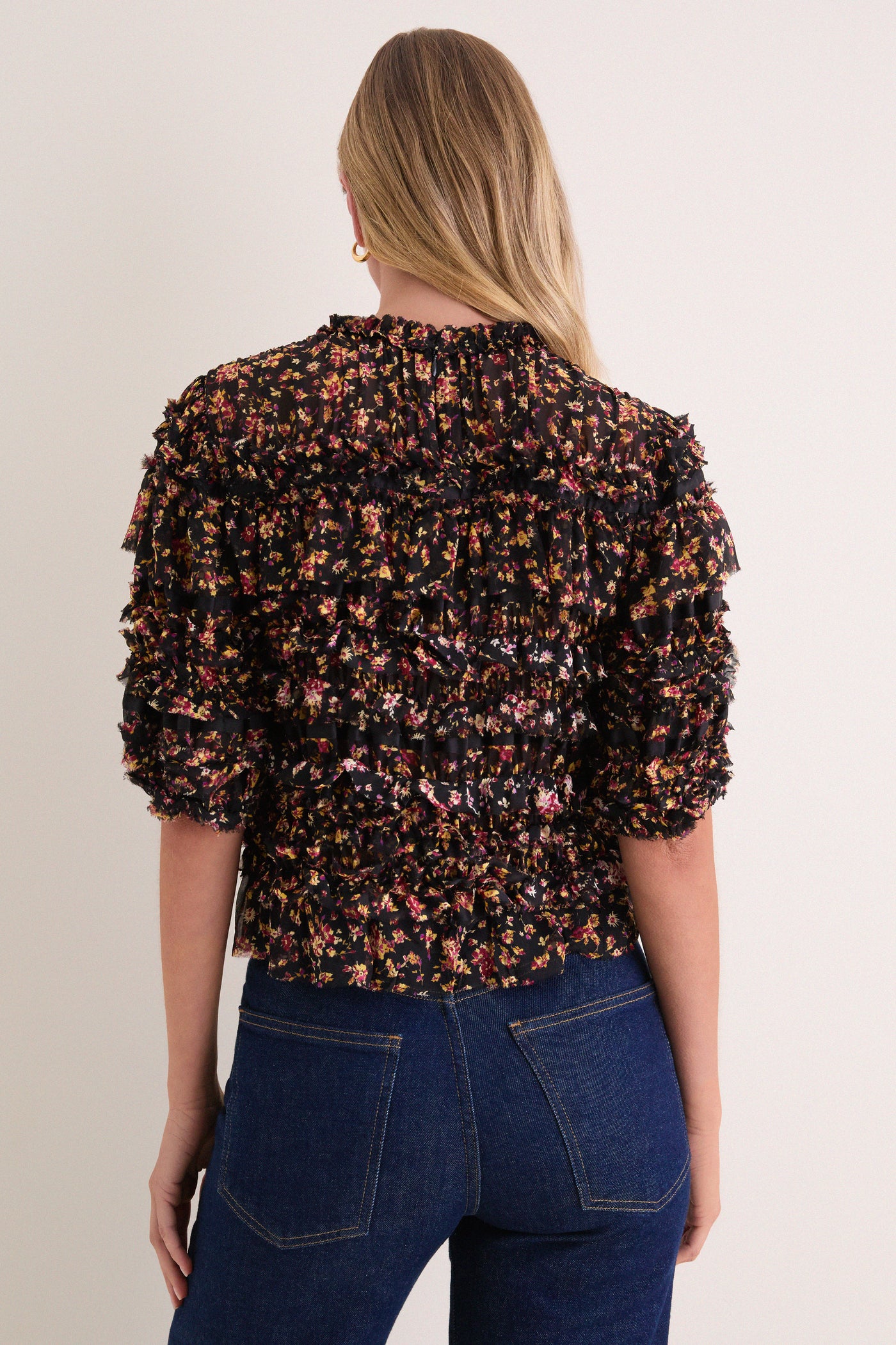 Noir Mille-Fleur Mabel Short Sleeve Silk Top