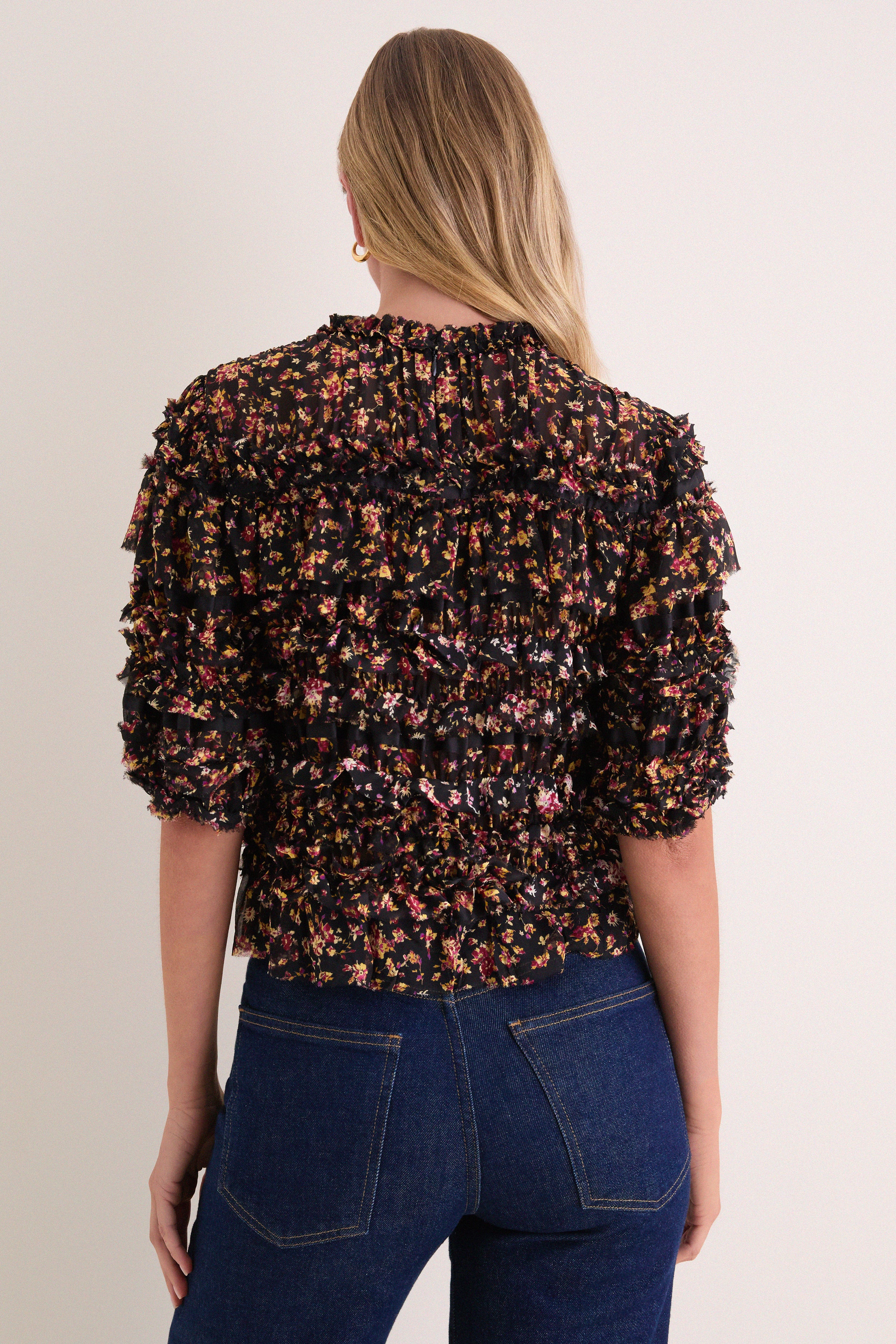 Noir Mille-Fleur Mabel Short Sleeve Silk Top