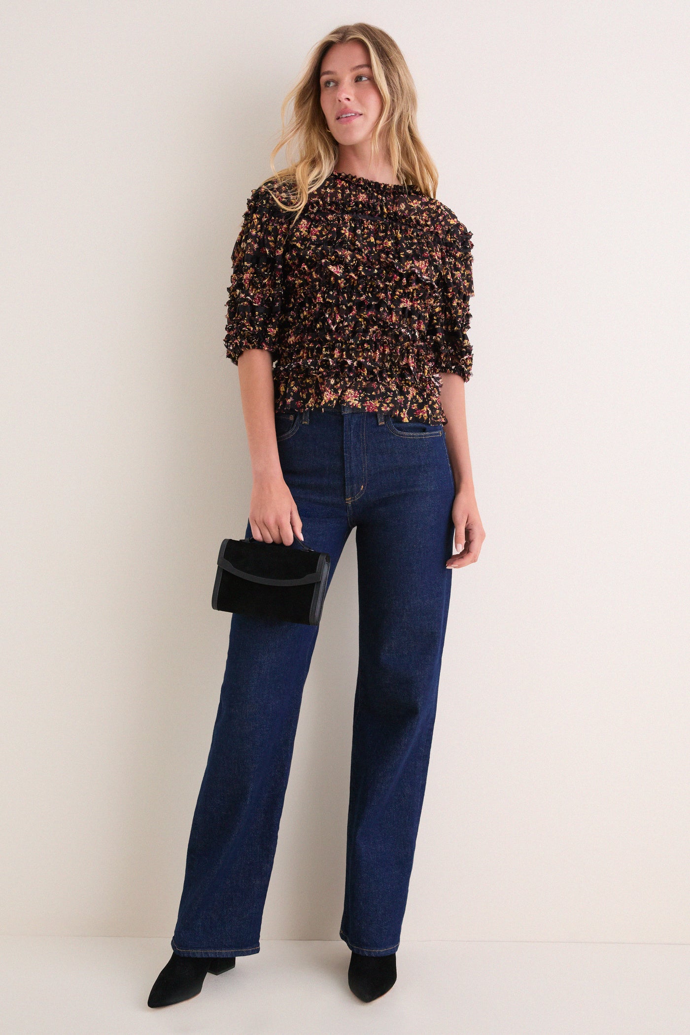 Noir Mille-Fleur Mabel Short Sleeve Silk Top