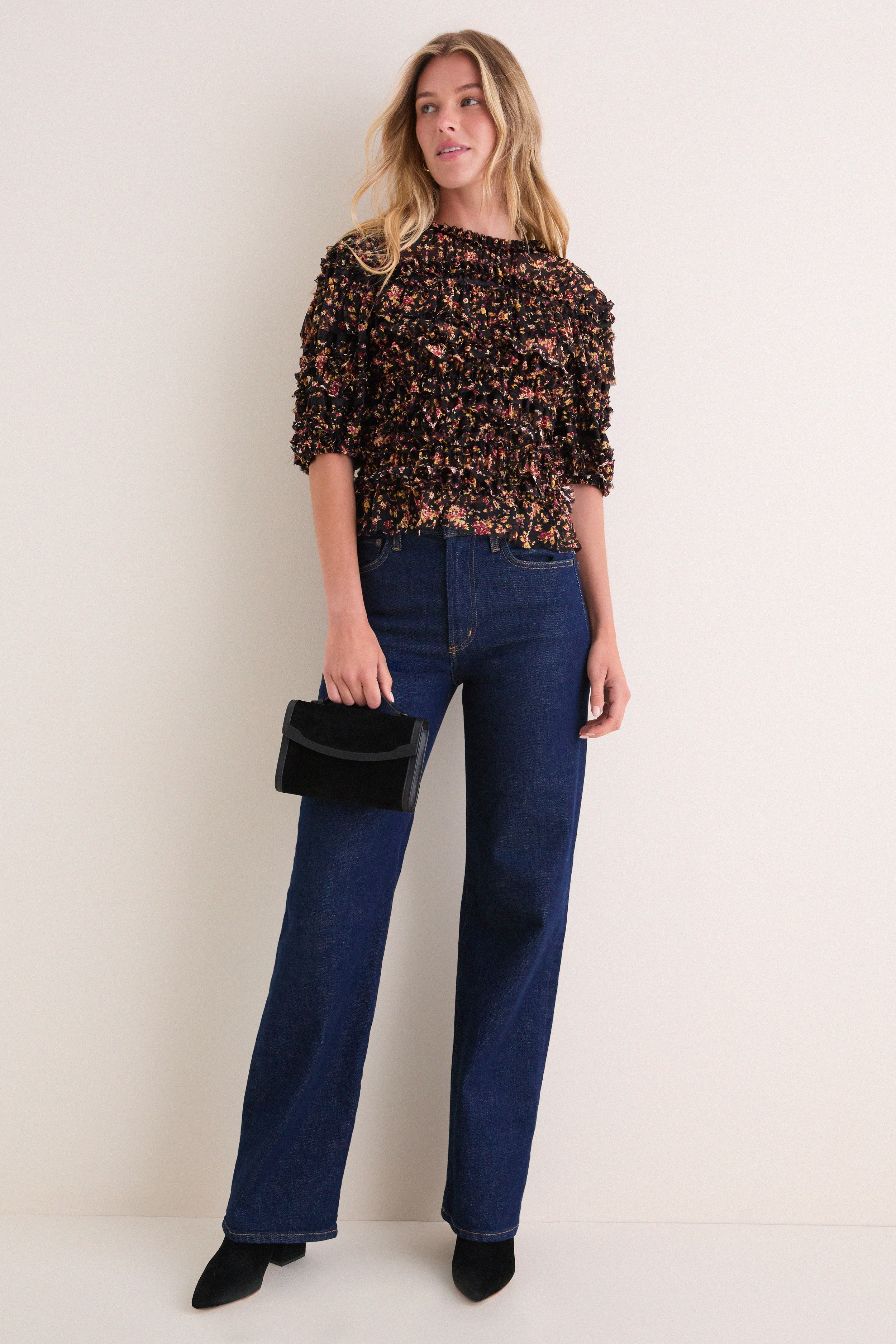 Noir Mille-Fleur Mabel Short Sleeve Silk Top
