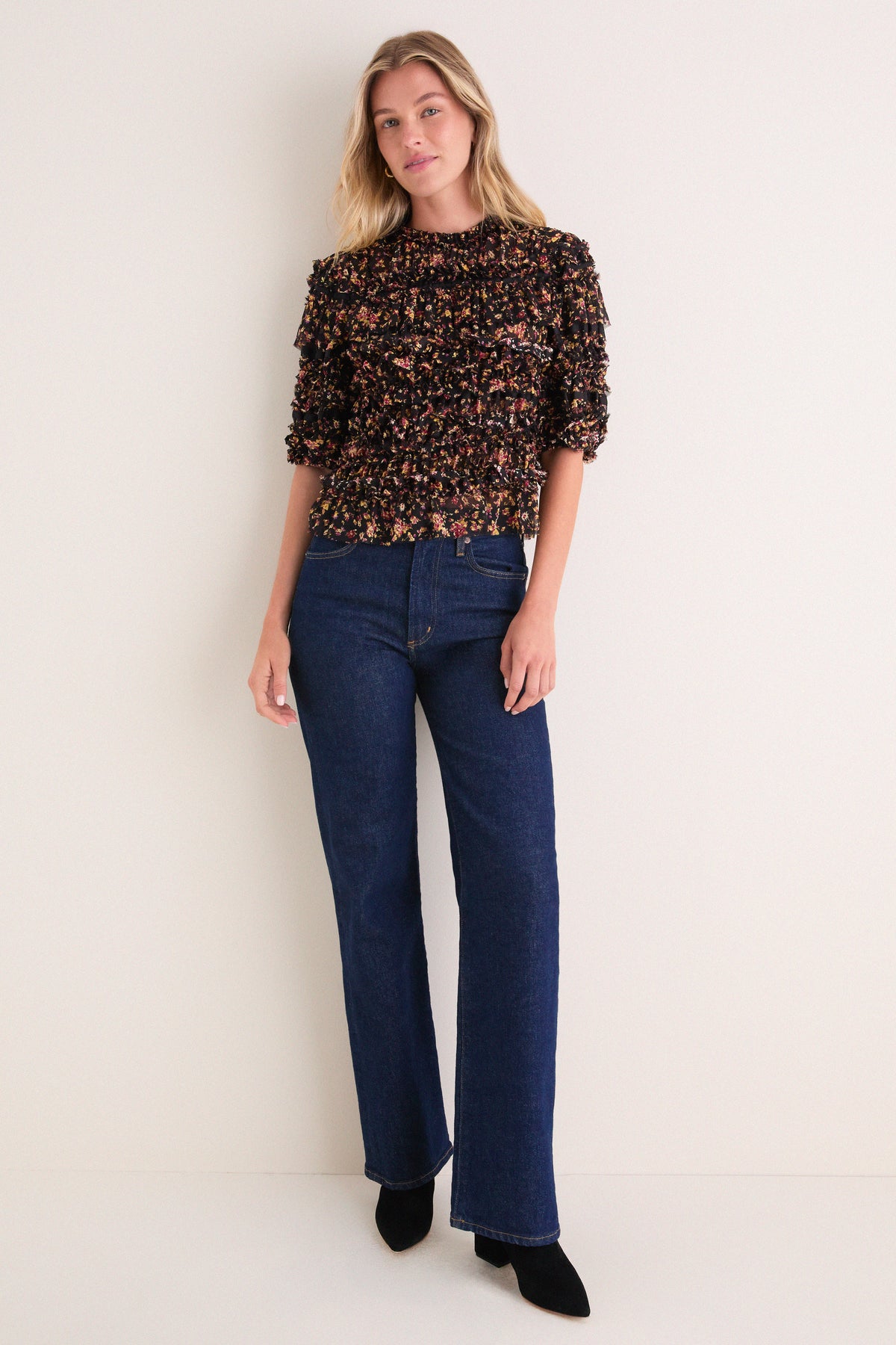 Noir Mille-Fleur Mabel Short Sleeve Silk Top