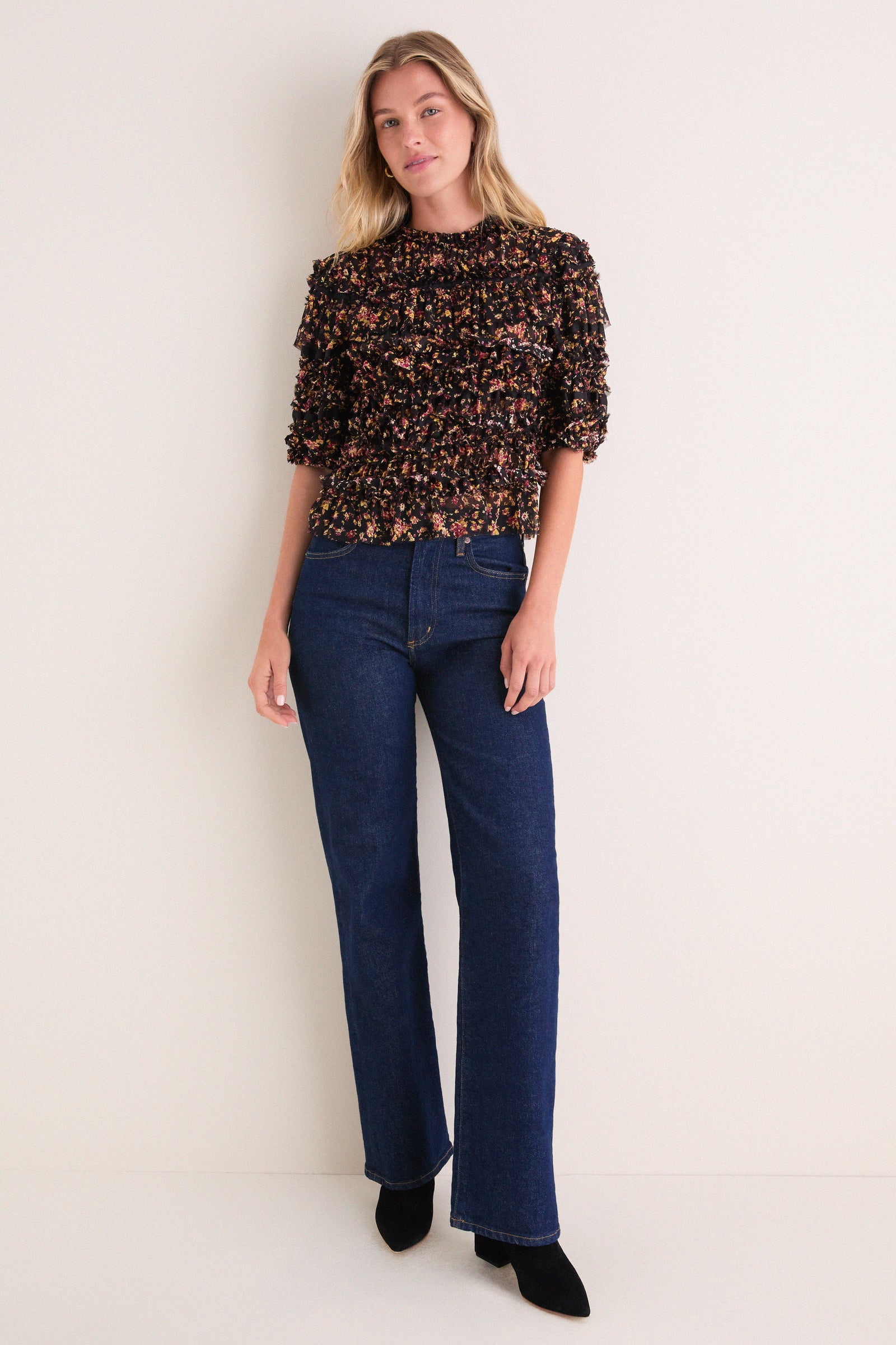 Noir Mille-Fleur Mabel Short Sleeve Silk Top