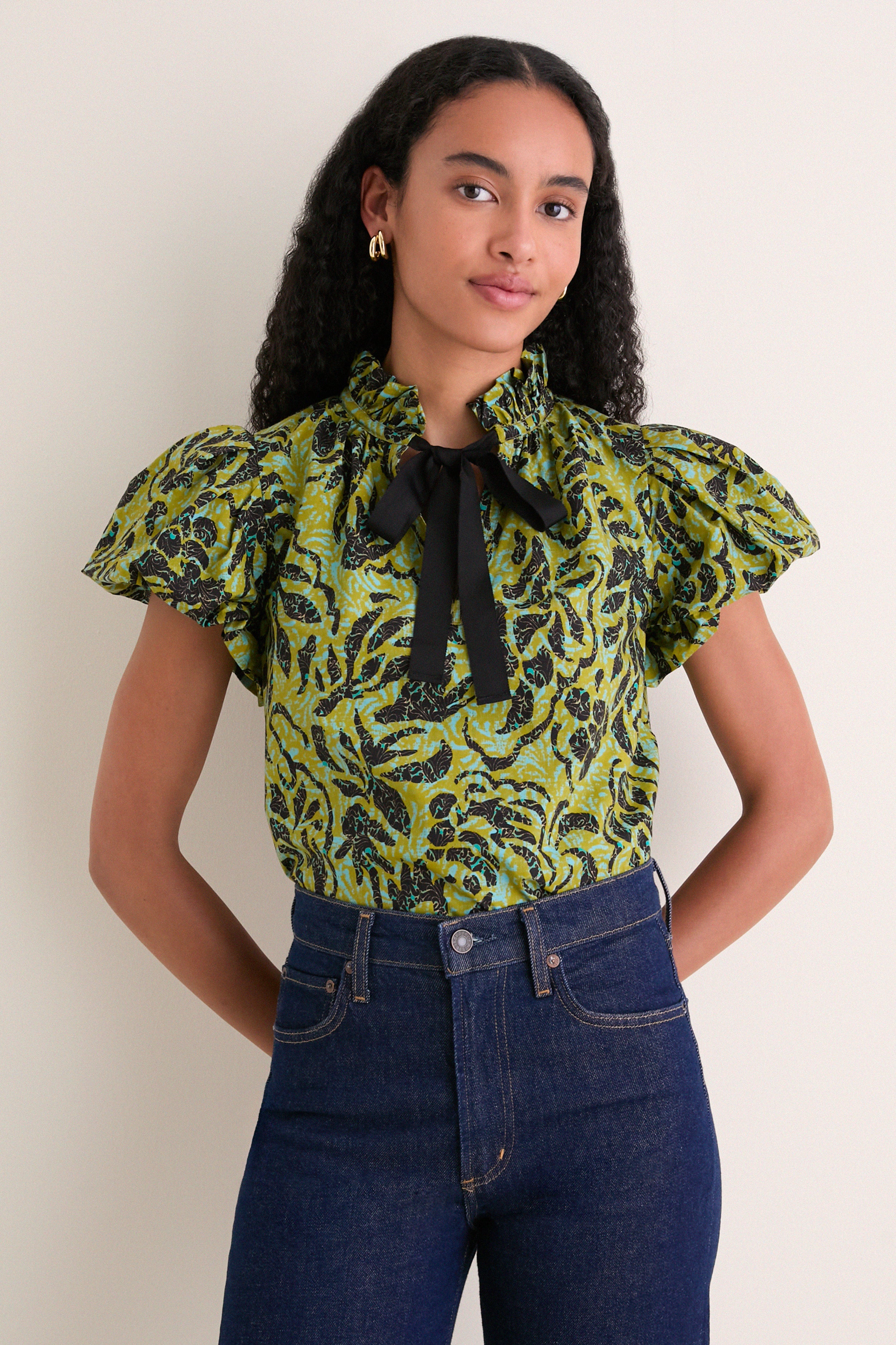Chartreuse Estela Short Sleeve Cotton Top