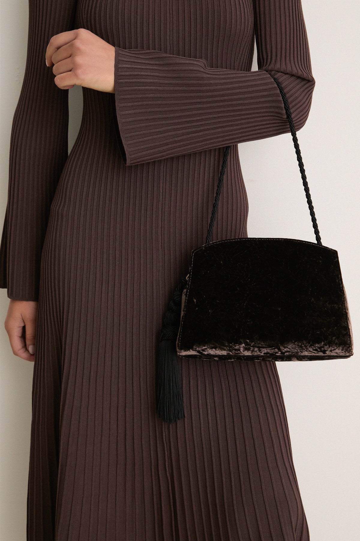 Brown Crushed Velvet Tassel Clutch