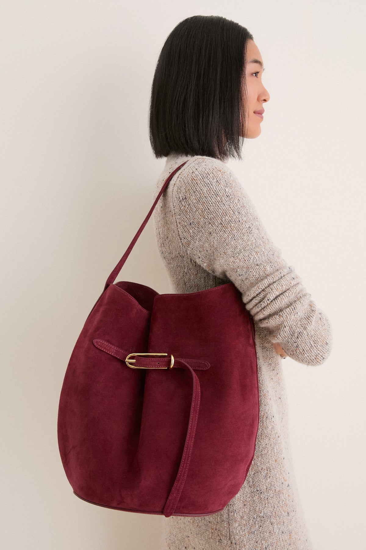 Burgundy Suede Large Belted Bucket Bag