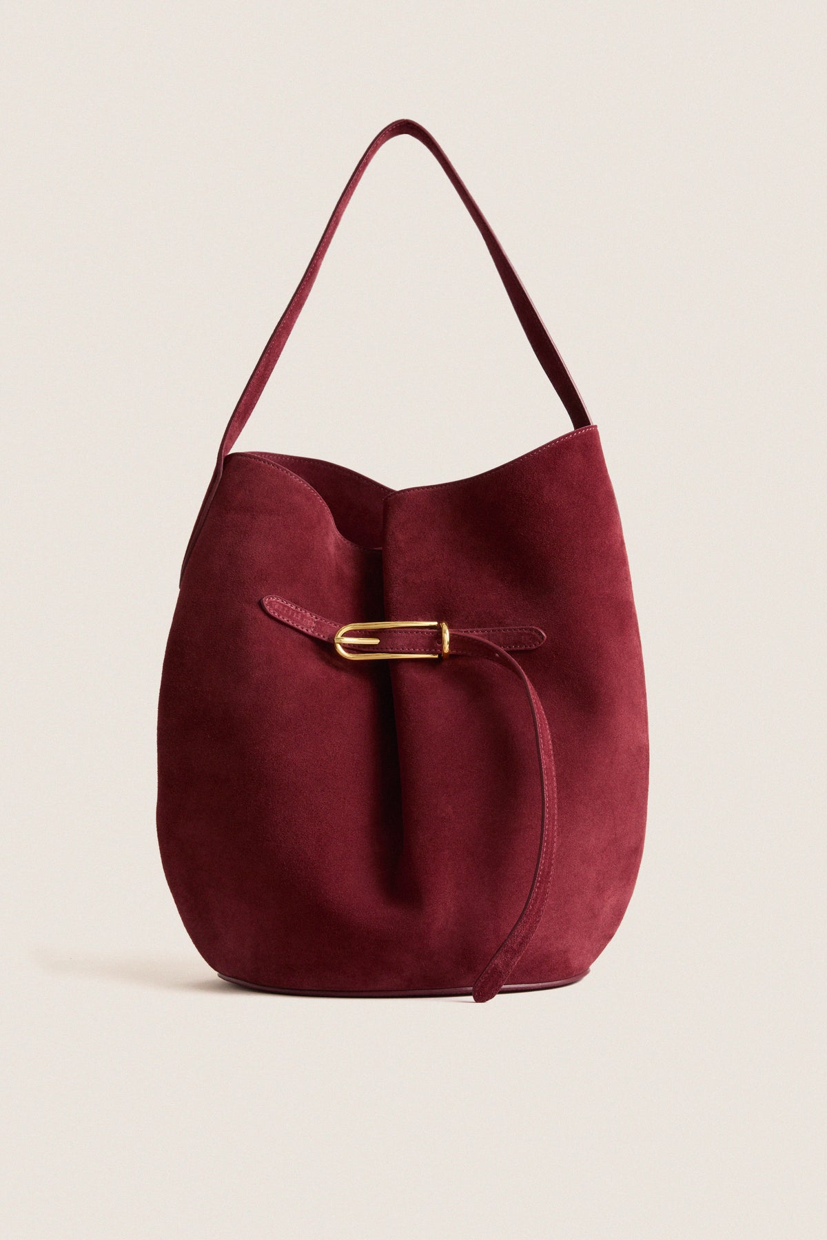 Burgundy Suede Large Belted Bucket Bag