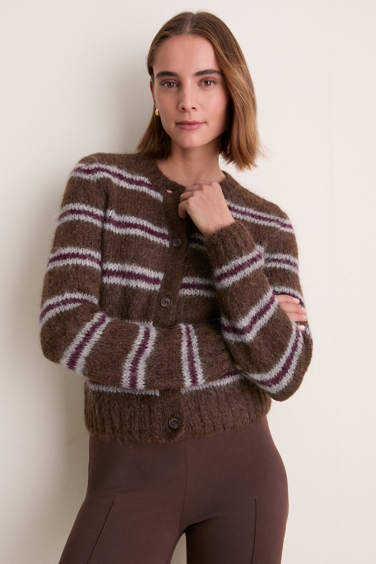 Bordeaux Stripe Timber Crewneck Cardigan