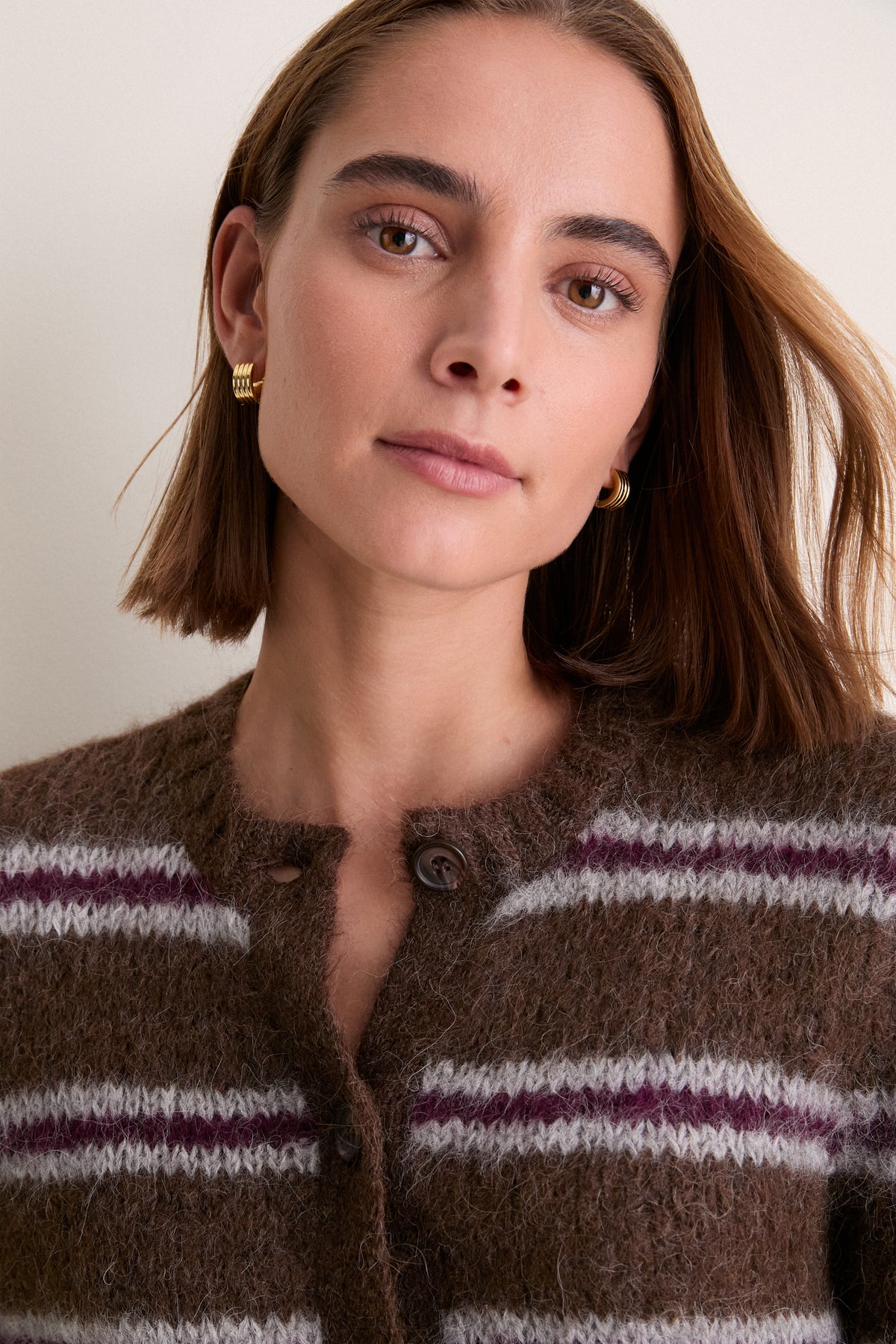 Bordeaux Stripe Timber Crewneck Cardigan