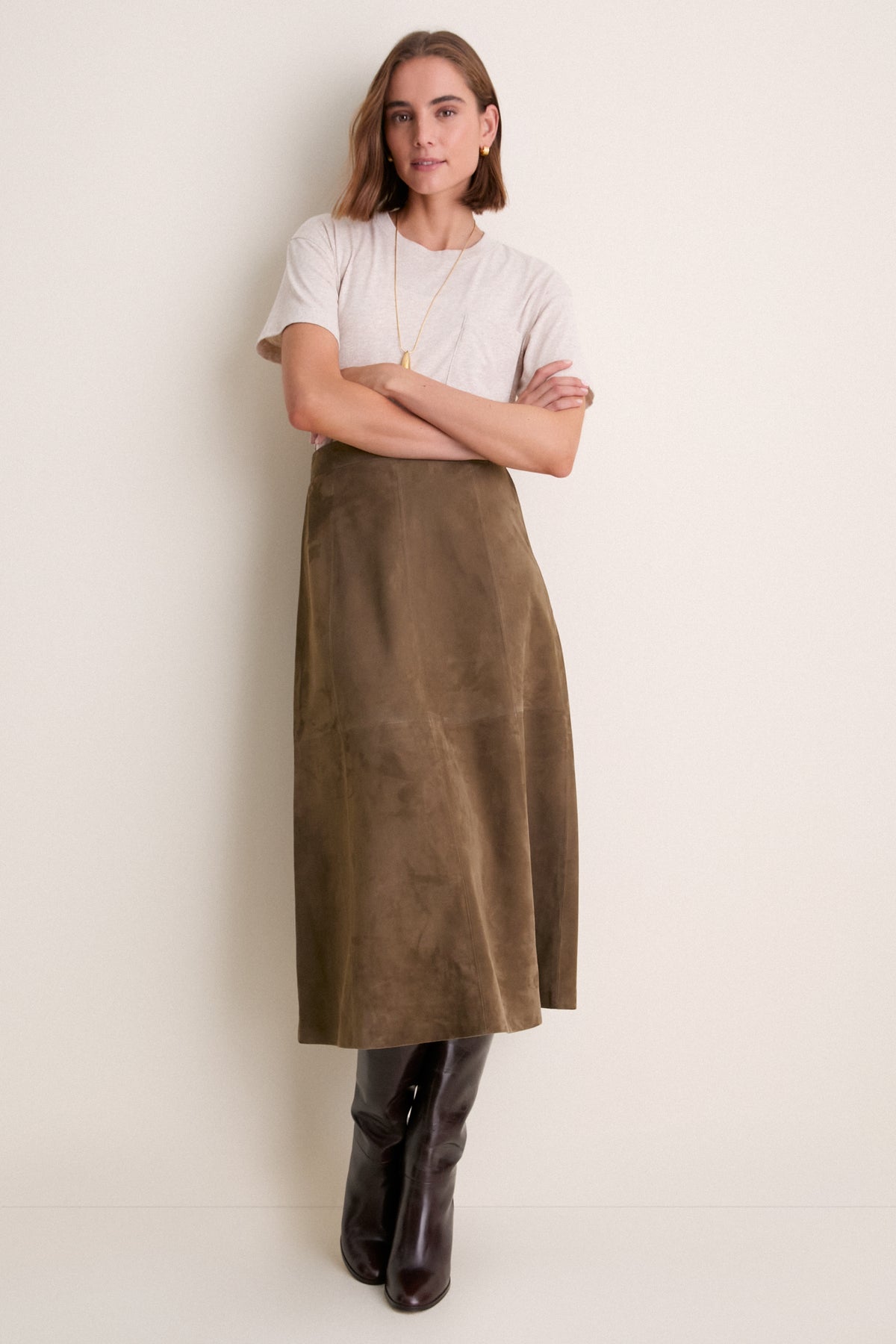 Olive Suede Wolf Midi Skirt